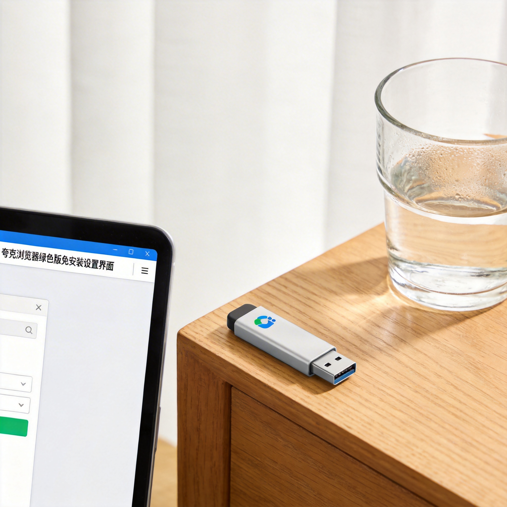 书桌上的U盘，屏幕显示夸克浏览器绿色版免安装设置界面，桌角放着水杯，自然光