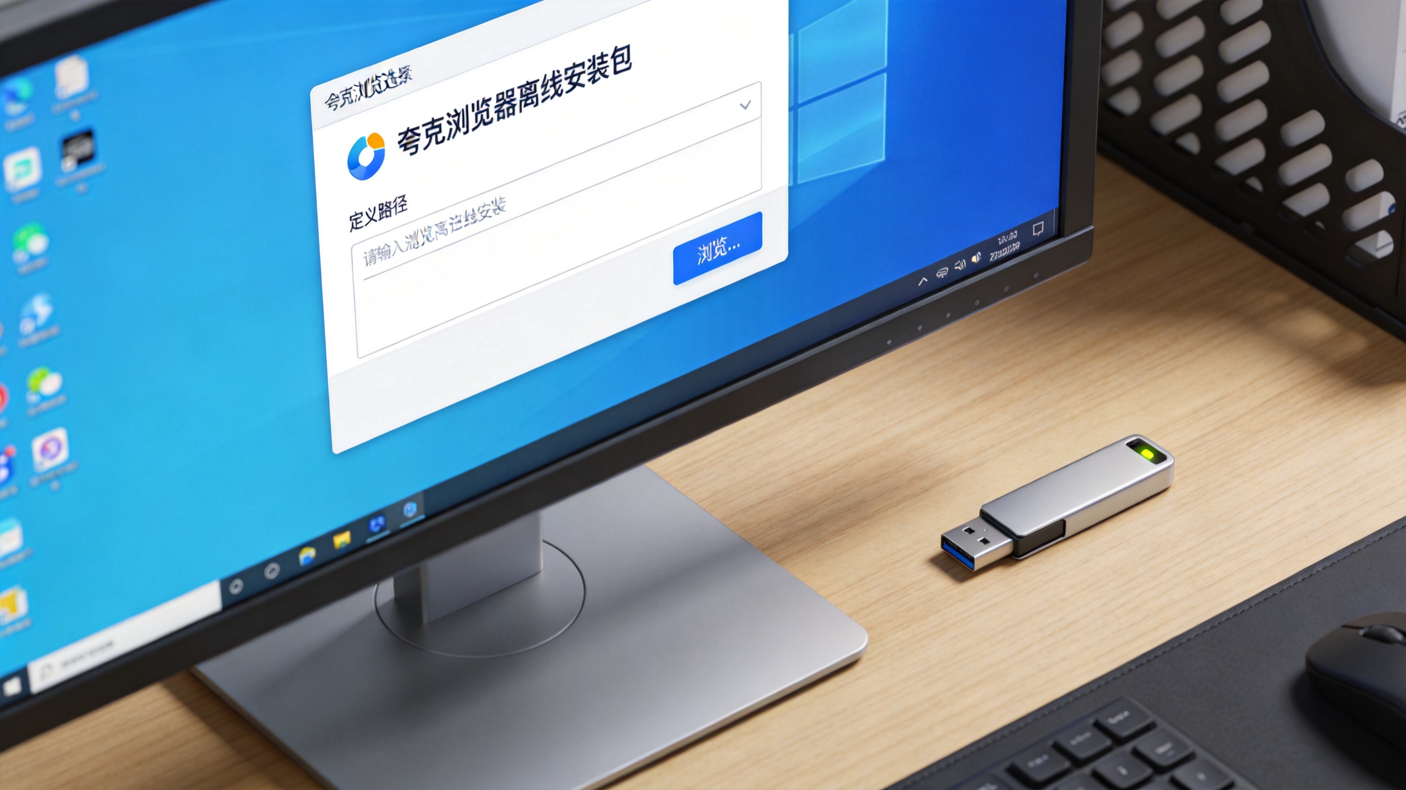 办公电脑桌面，屏幕显示夸克浏览器离线安装包的自定义路径选择界面，旁边放着U盘，室内自然光