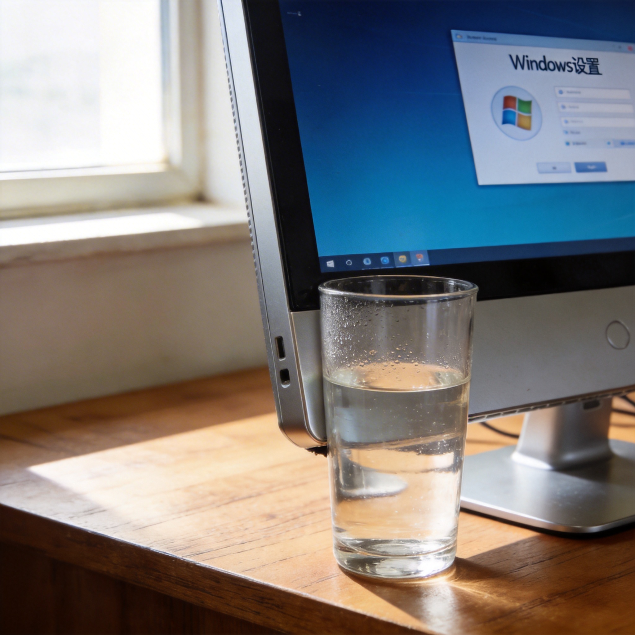书桌上的主机，屏幕显示Windows设置界面，桌角放着水杯，自然光
