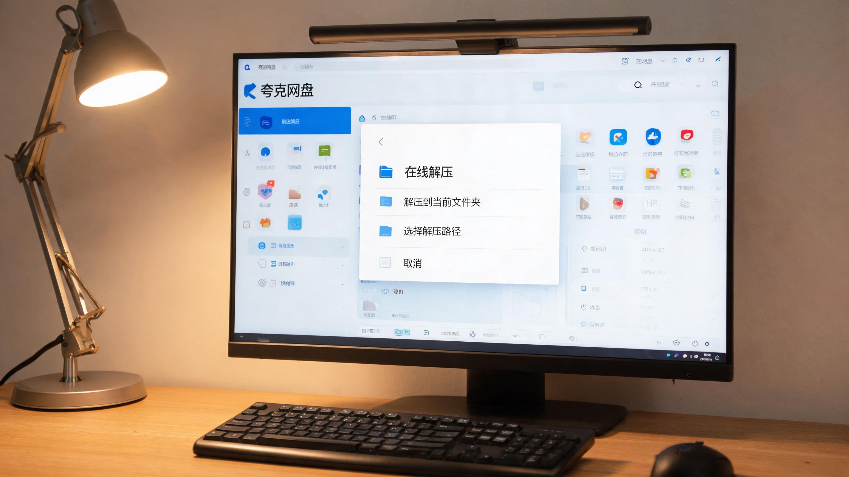 电脑桌上的电脑，屏幕显示夸克网盘文件在线解压菜单，旁边放着台灯