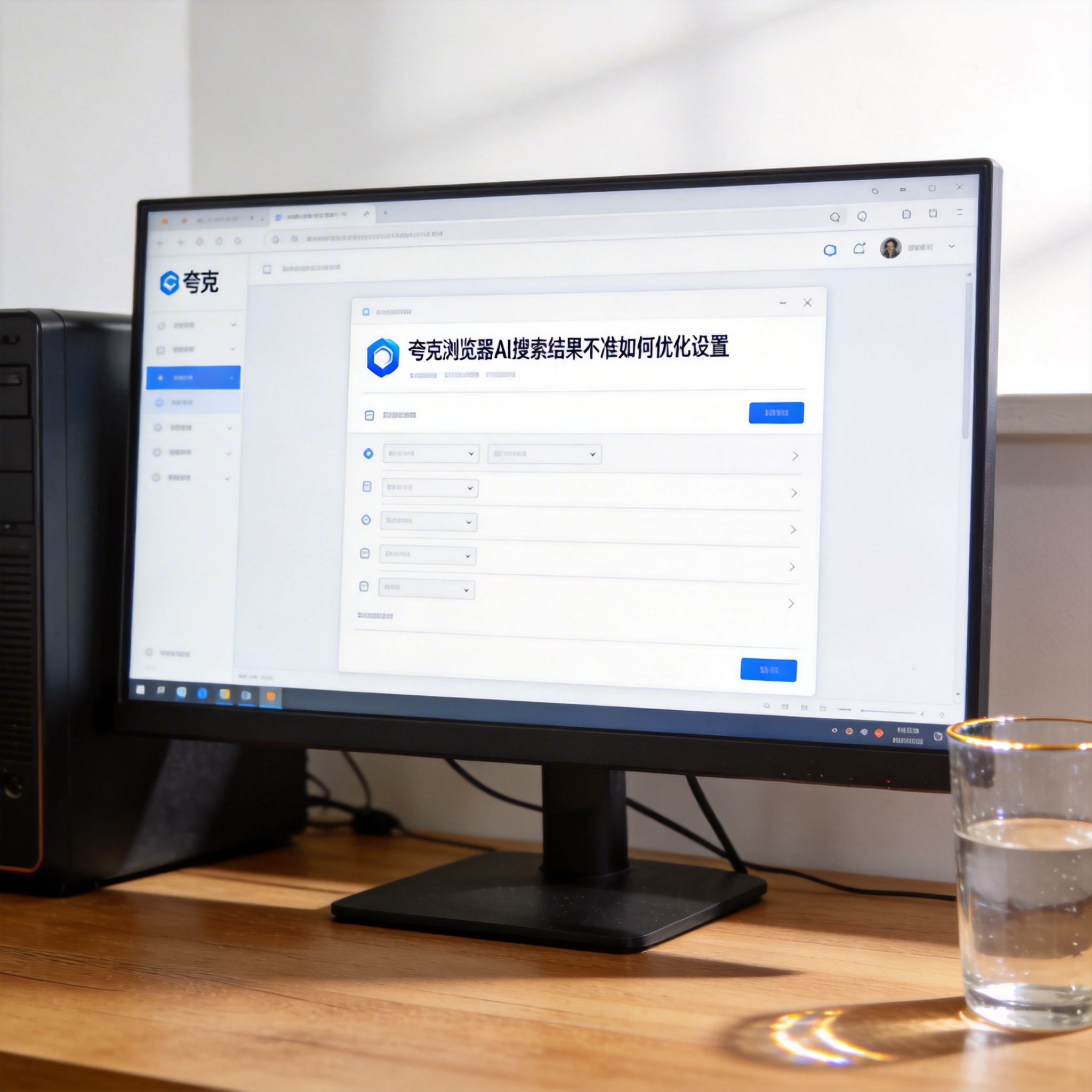 书桌上的主机，屏幕显示夸克浏览器 AI 搜索结果不准如何优化设置界面，桌角放着水杯，自然光