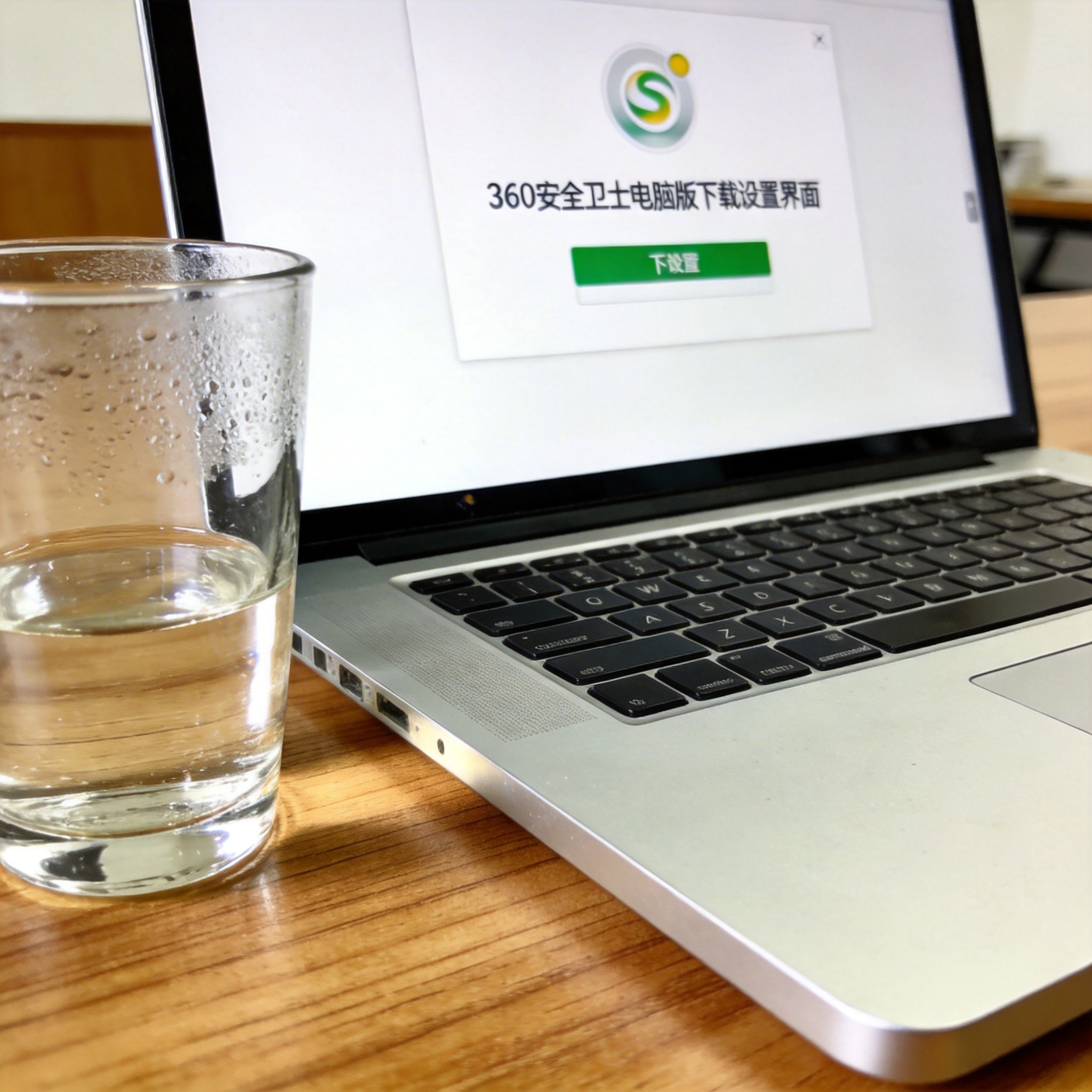 书桌上的笔记本，屏幕显示360 安全卫士电脑版下载设置界面，桌角放着水杯，自然光