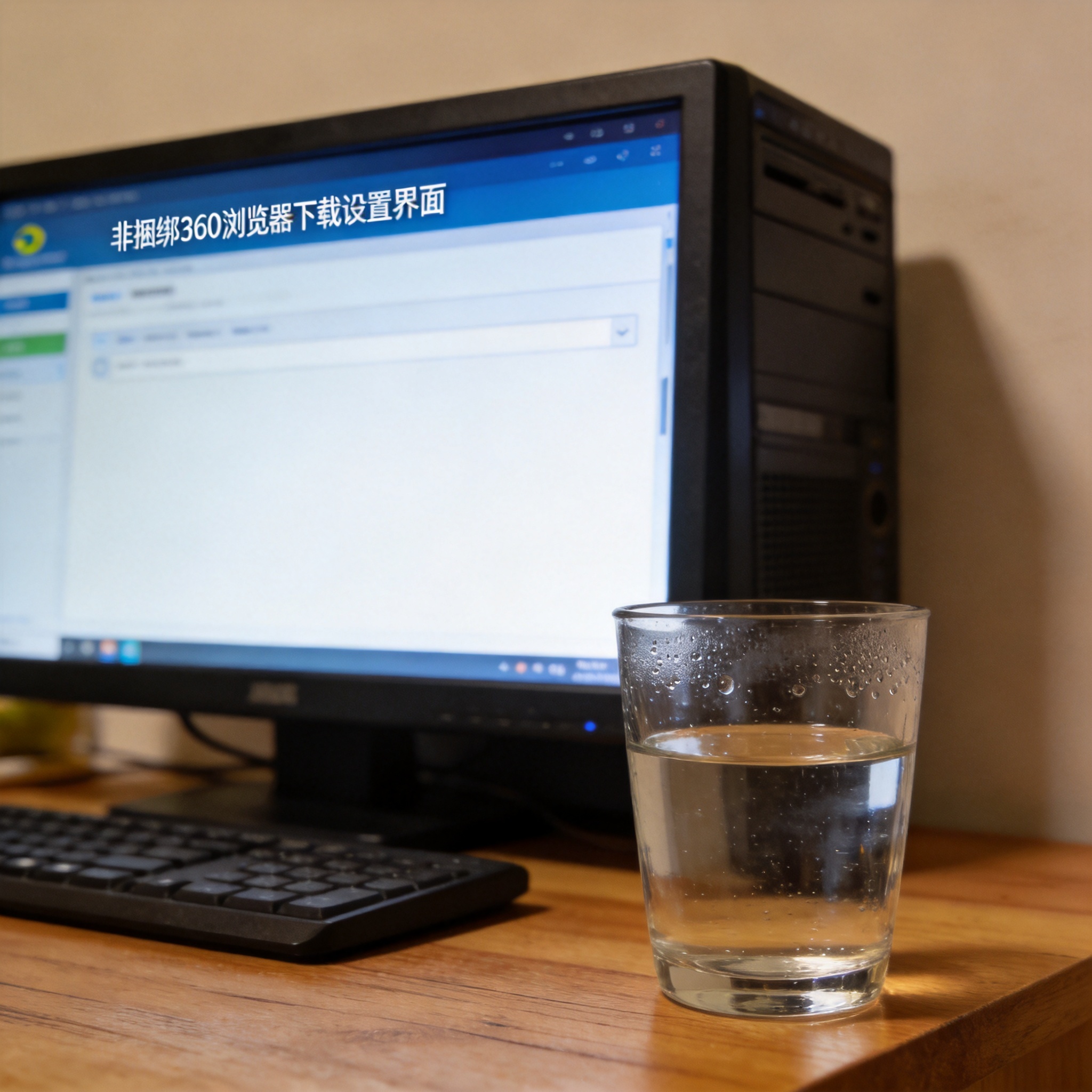 书桌上的主机，屏幕显示非捆绑 360 浏览器下载设置界面，桌角放着水杯，自然光
