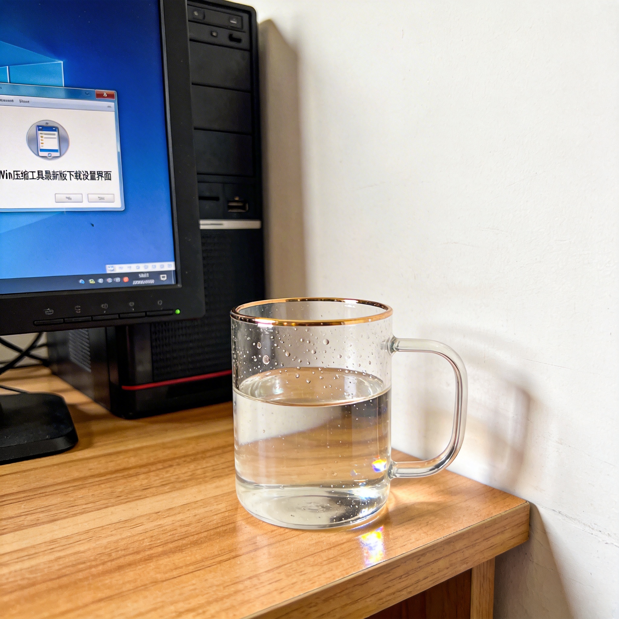 书桌上的主机，屏幕显示win 压缩工具最新版下载设置界面，桌角放着水杯，自然光