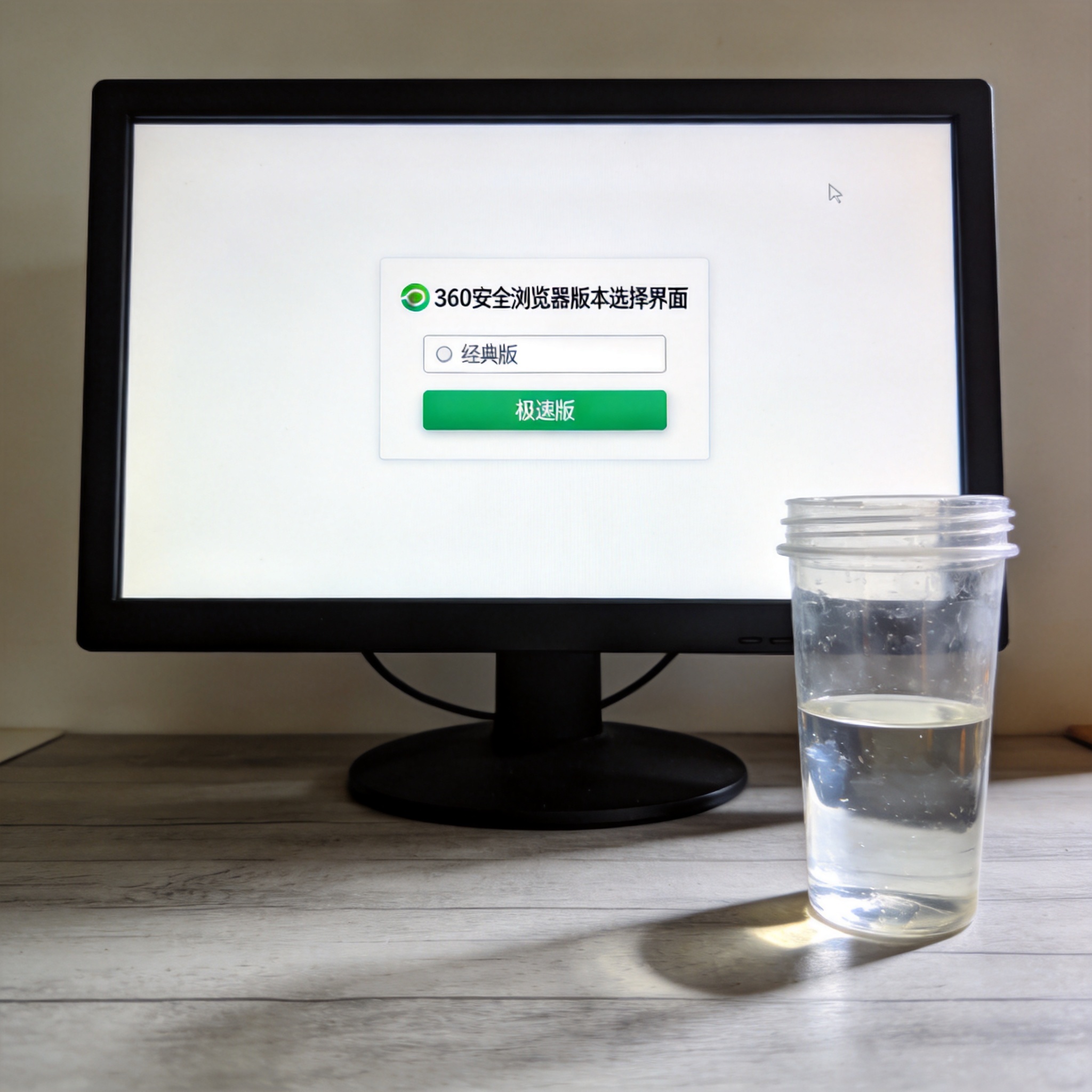 电脑桌的电脑屏幕显示360安全浏览器版本选择界面，桌面放着塑料水杯，室内自然光