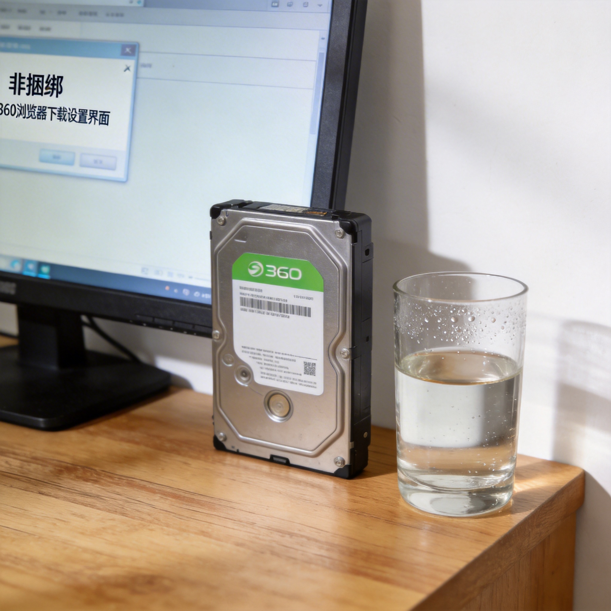 书桌上的硬盘，屏幕显示非捆绑 360 浏览器下载设置界面，桌角放着水杯，自然光