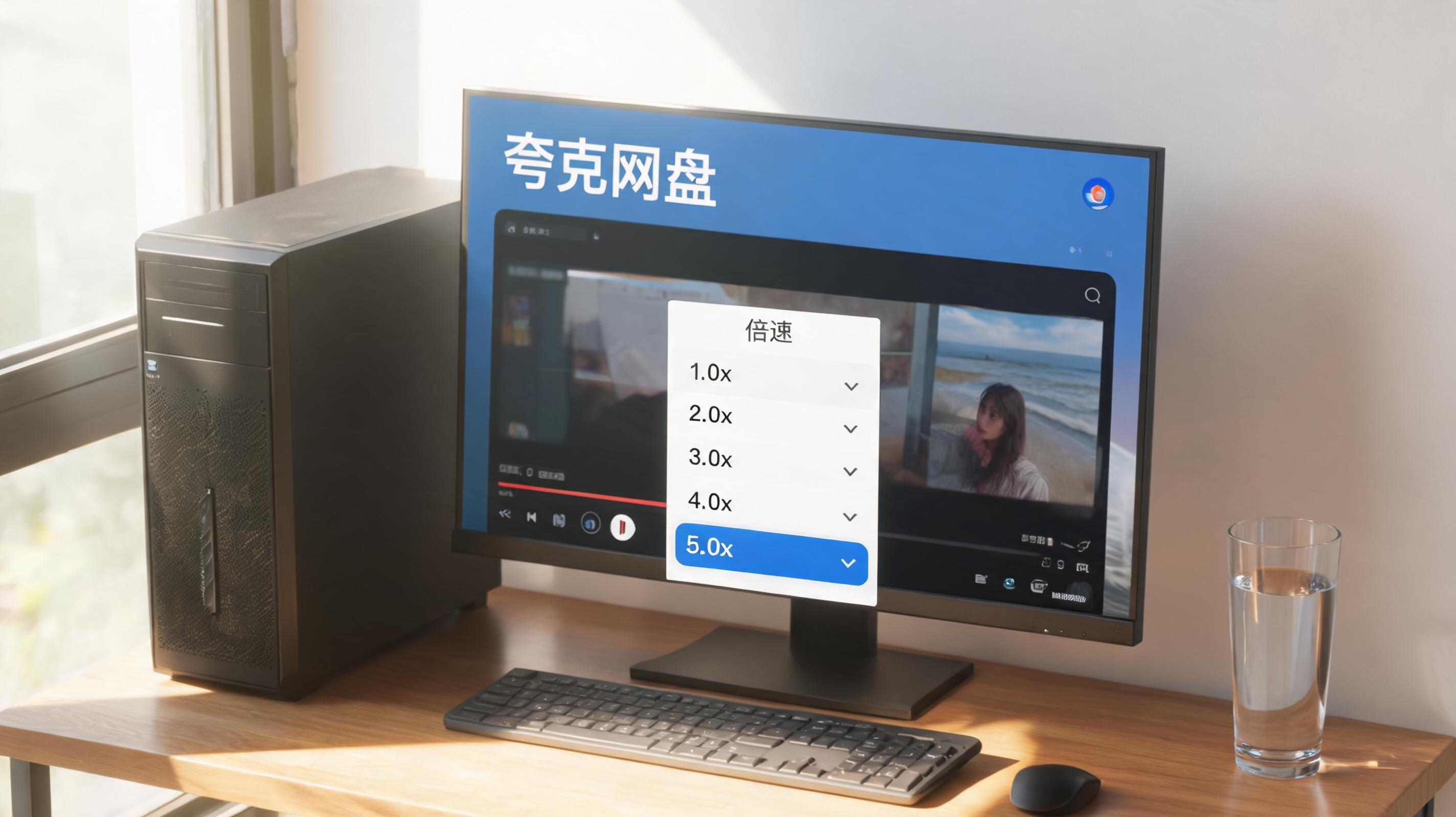 书桌上的主机，屏幕显示夸克网盘视频 5 倍速播放设置界面，桌角放着水杯，自然光