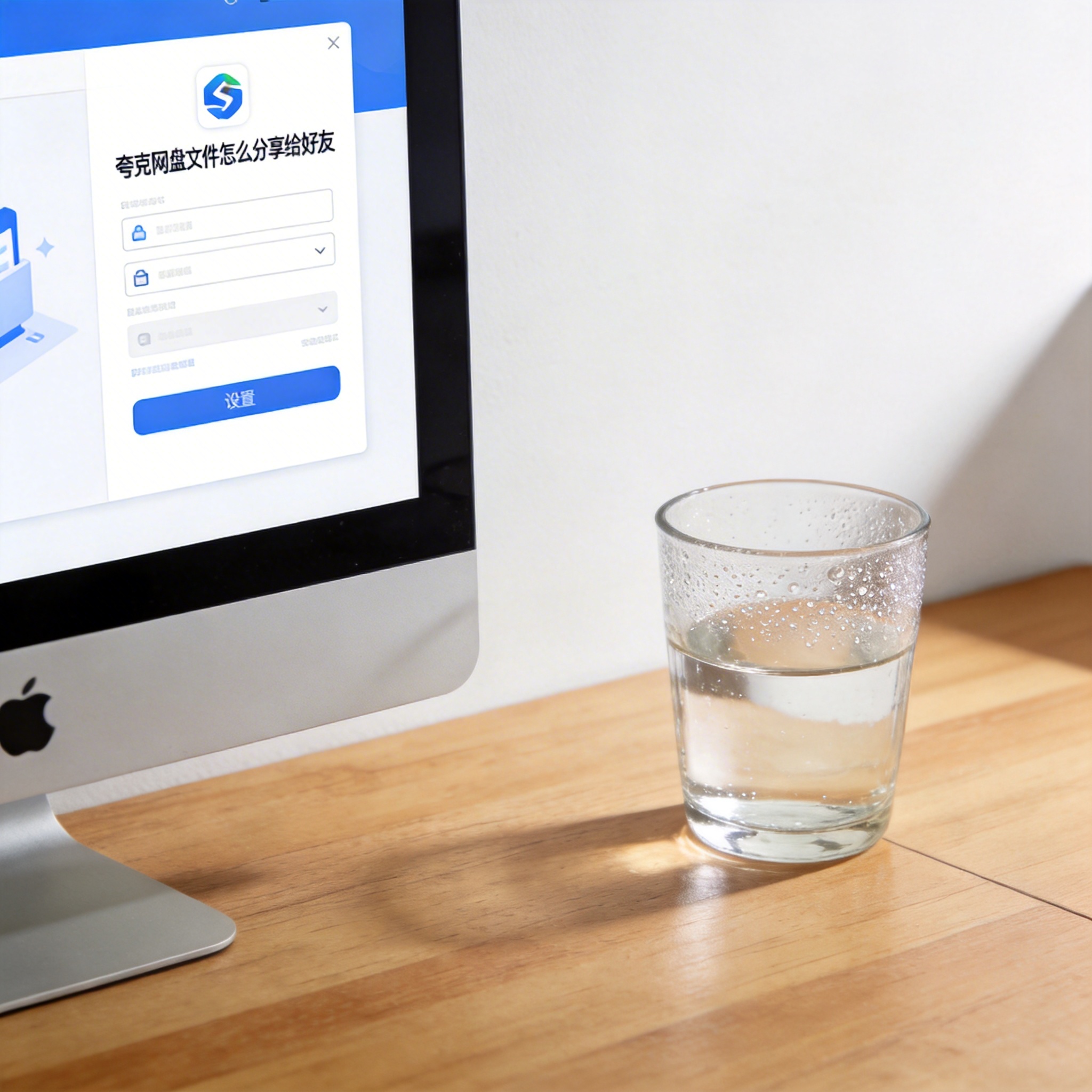 书桌上的主机，屏幕显示夸克网盘文件怎么分享给好友设置界面，桌角放着水杯，自然光