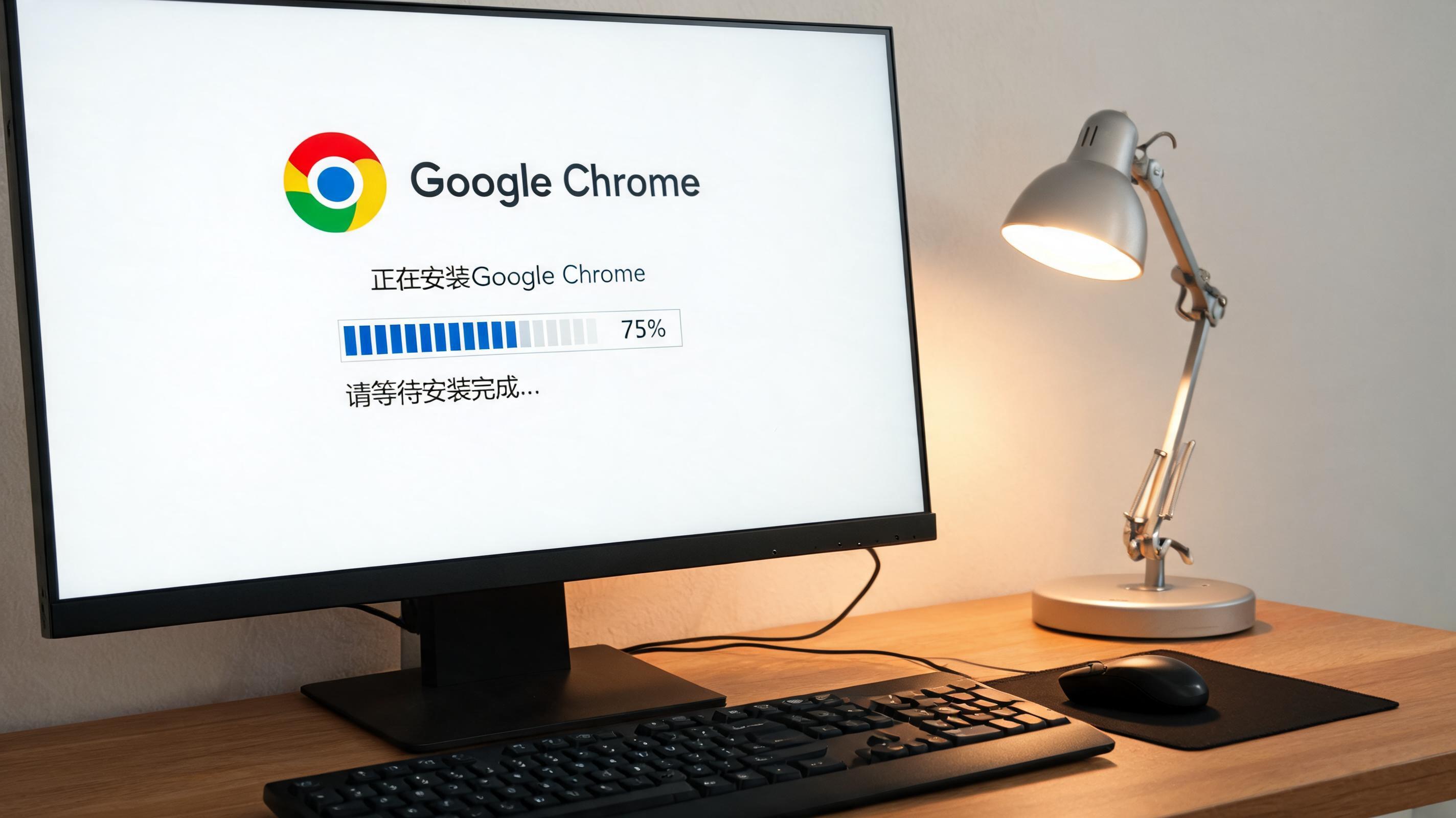 电脑桌上的电脑，屏幕显示Chrome安装界面，旁边放着台灯