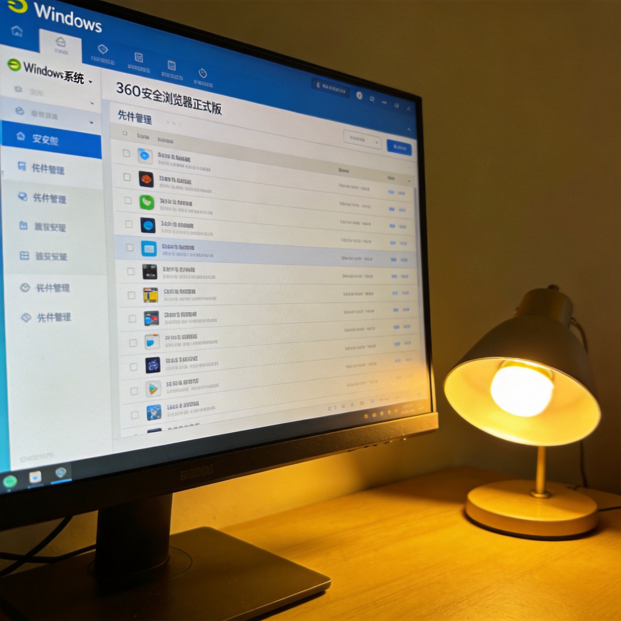 电脑屏幕显示Windows系统下的360安全浏览器正式版插件管理界面，列着已安装的插件列表，旁边的桌面有台打开的台灯