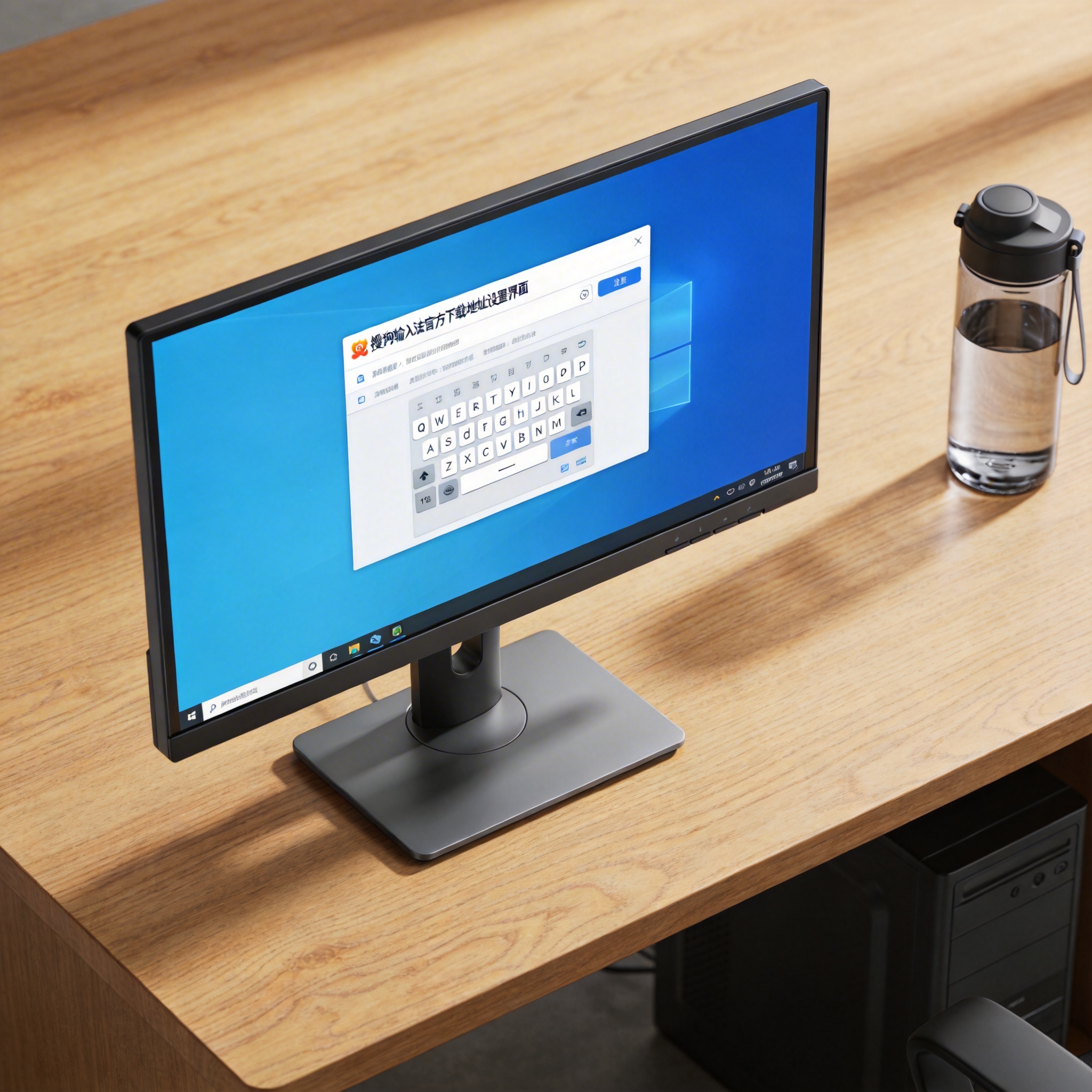 书桌上的主机，屏幕显示搜狗输入法官方下载地址设置界面，桌角放着水杯，自然光