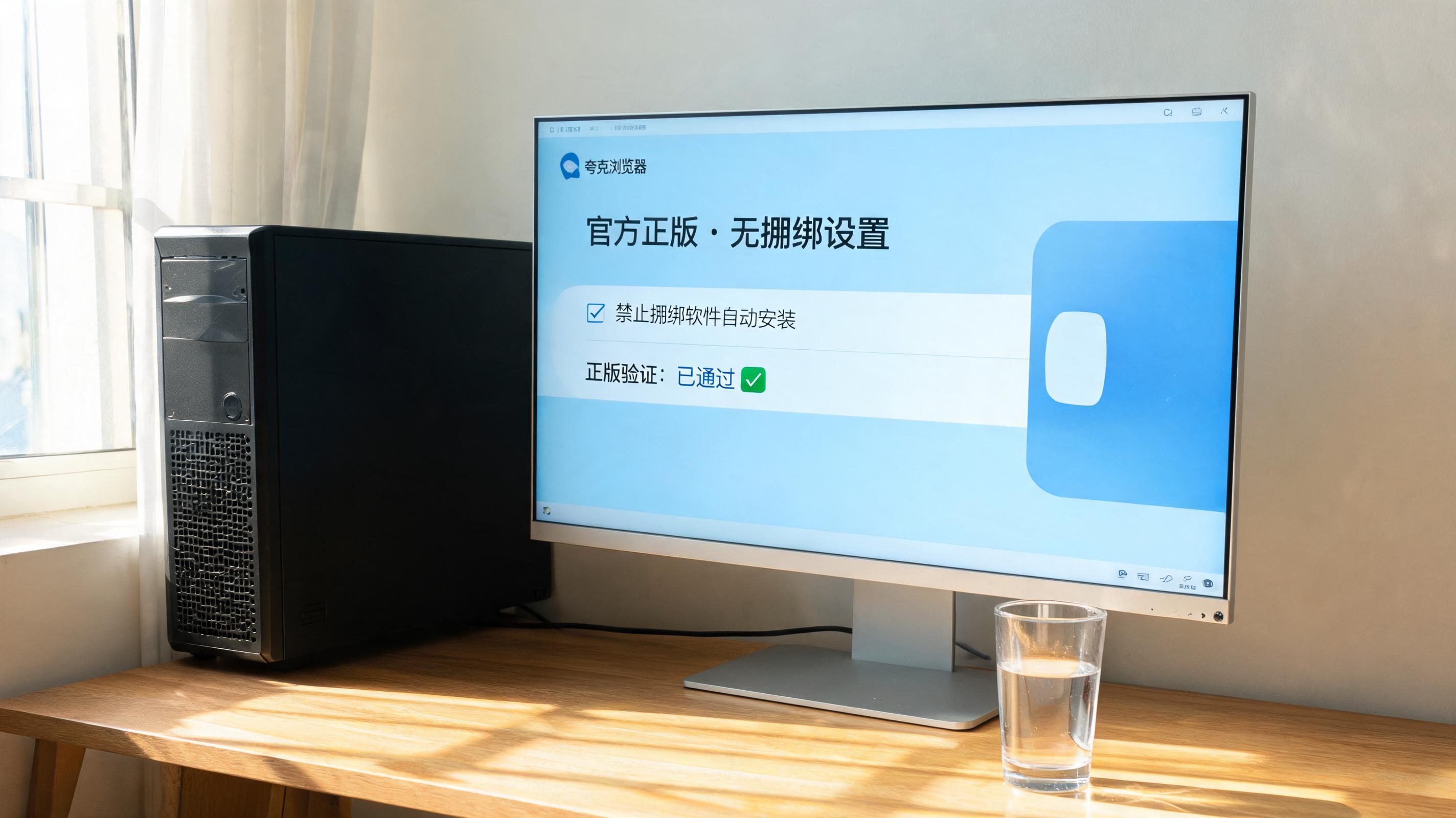 书桌上的主机，屏幕显示夸克浏览器官方正版无捆绑设置界面，桌角放着水杯，自然光