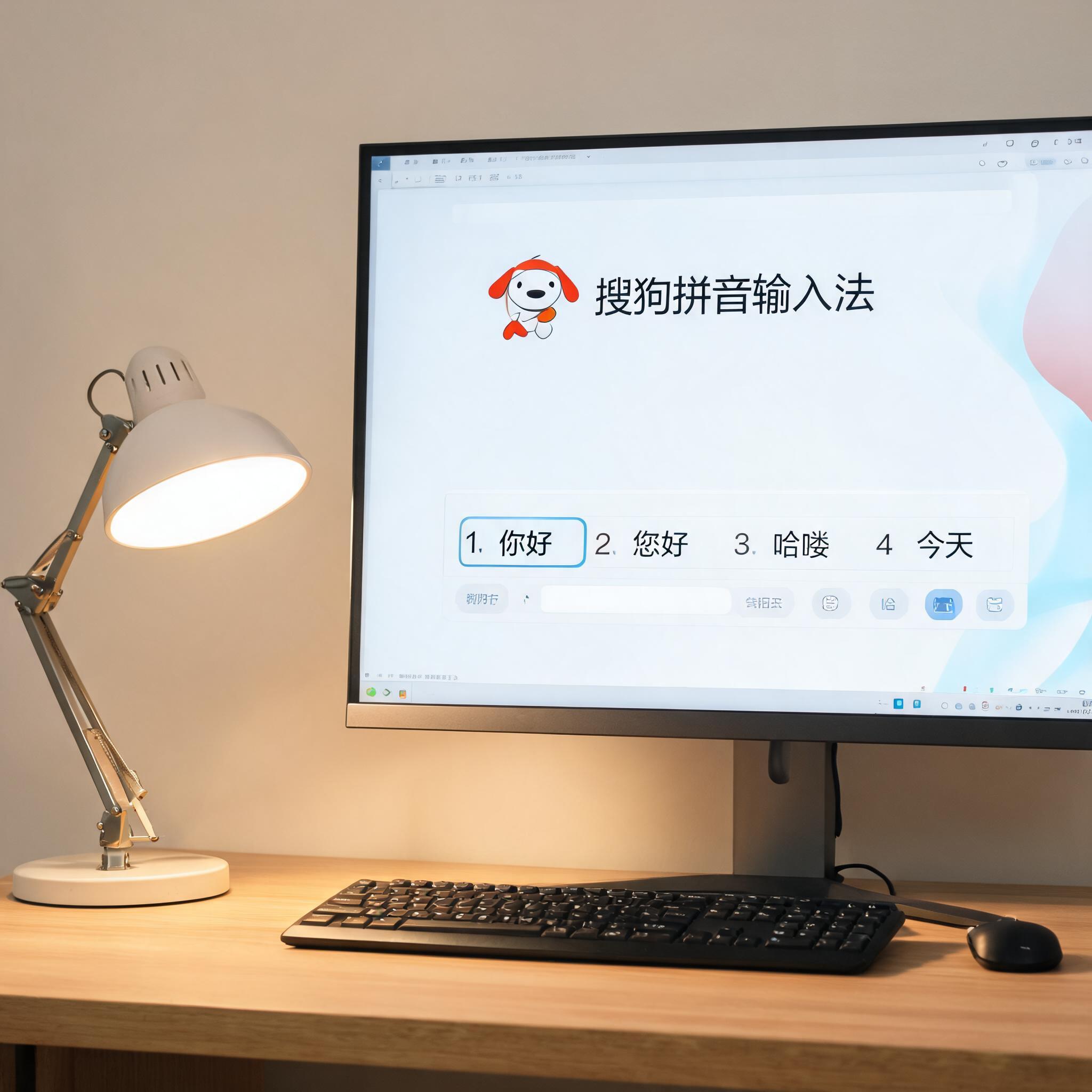 电脑桌上的电脑，屏幕显示搜狗拼音输入法界面，旁边放着台灯