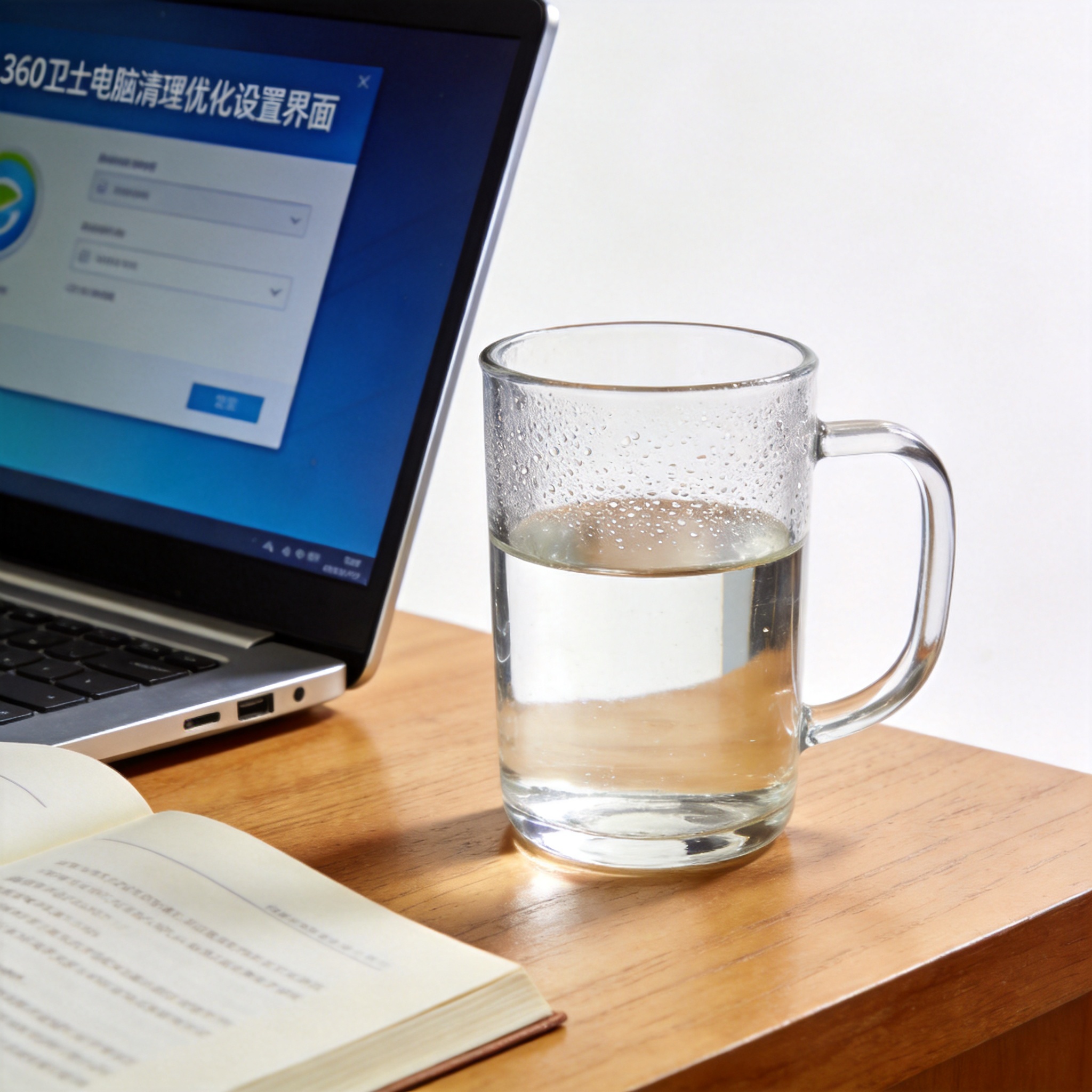 书桌上的笔记本，屏幕显示360 卫士电脑清理优化设置界面，桌角放着水杯，自然光