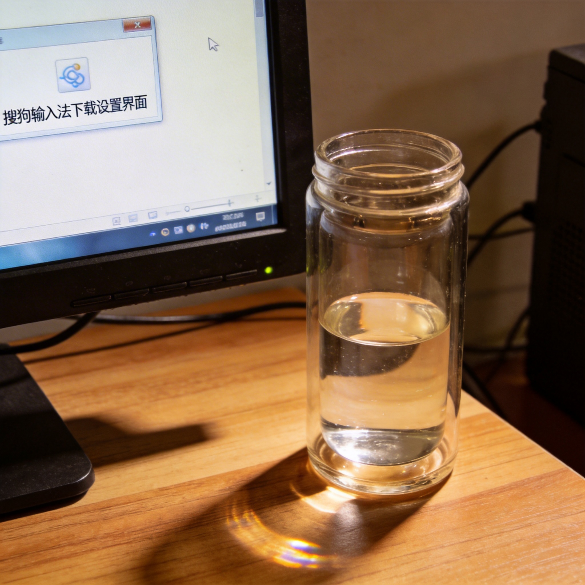 书桌上的主机，屏幕显示搜狗输入法下载设置界面，桌角放着水杯，自然光
