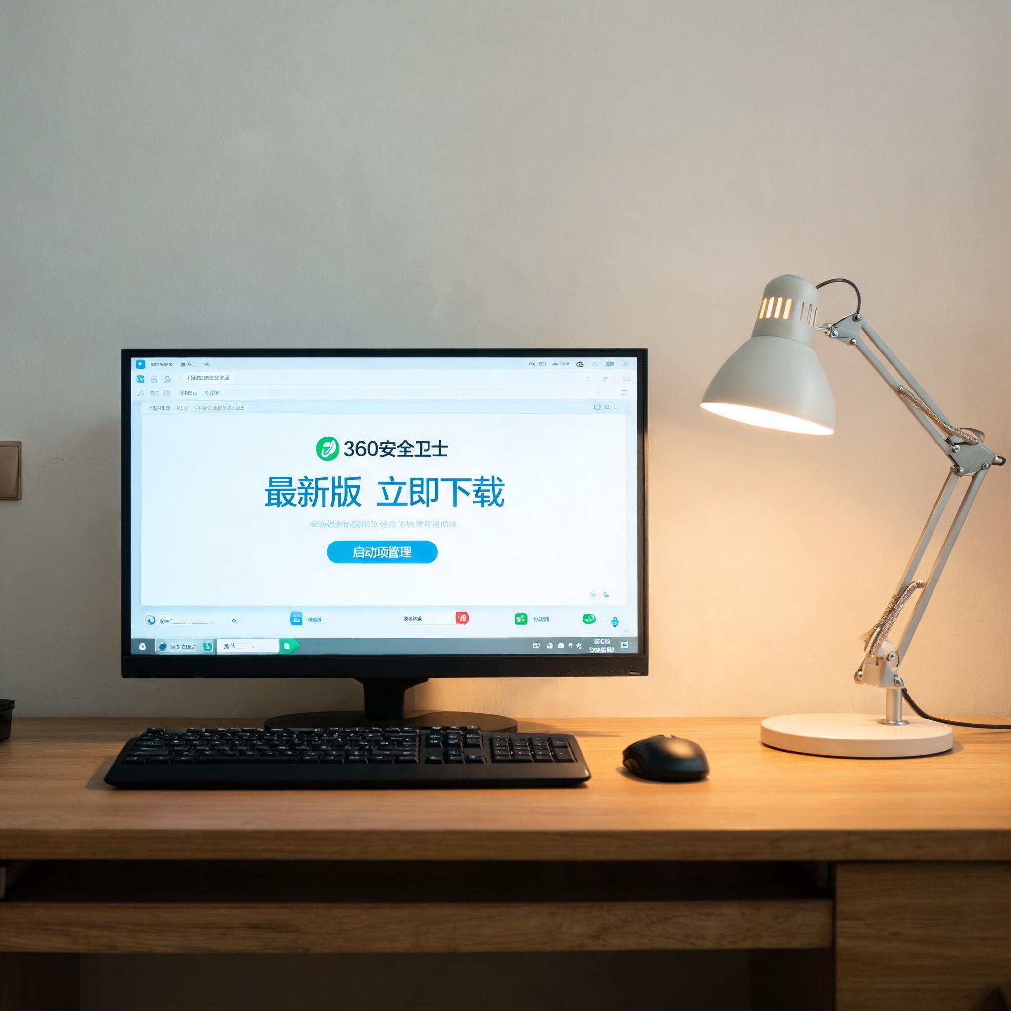 电脑桌上的电脑，屏幕显示360 卫士最新版下载启动项，旁边放着台灯