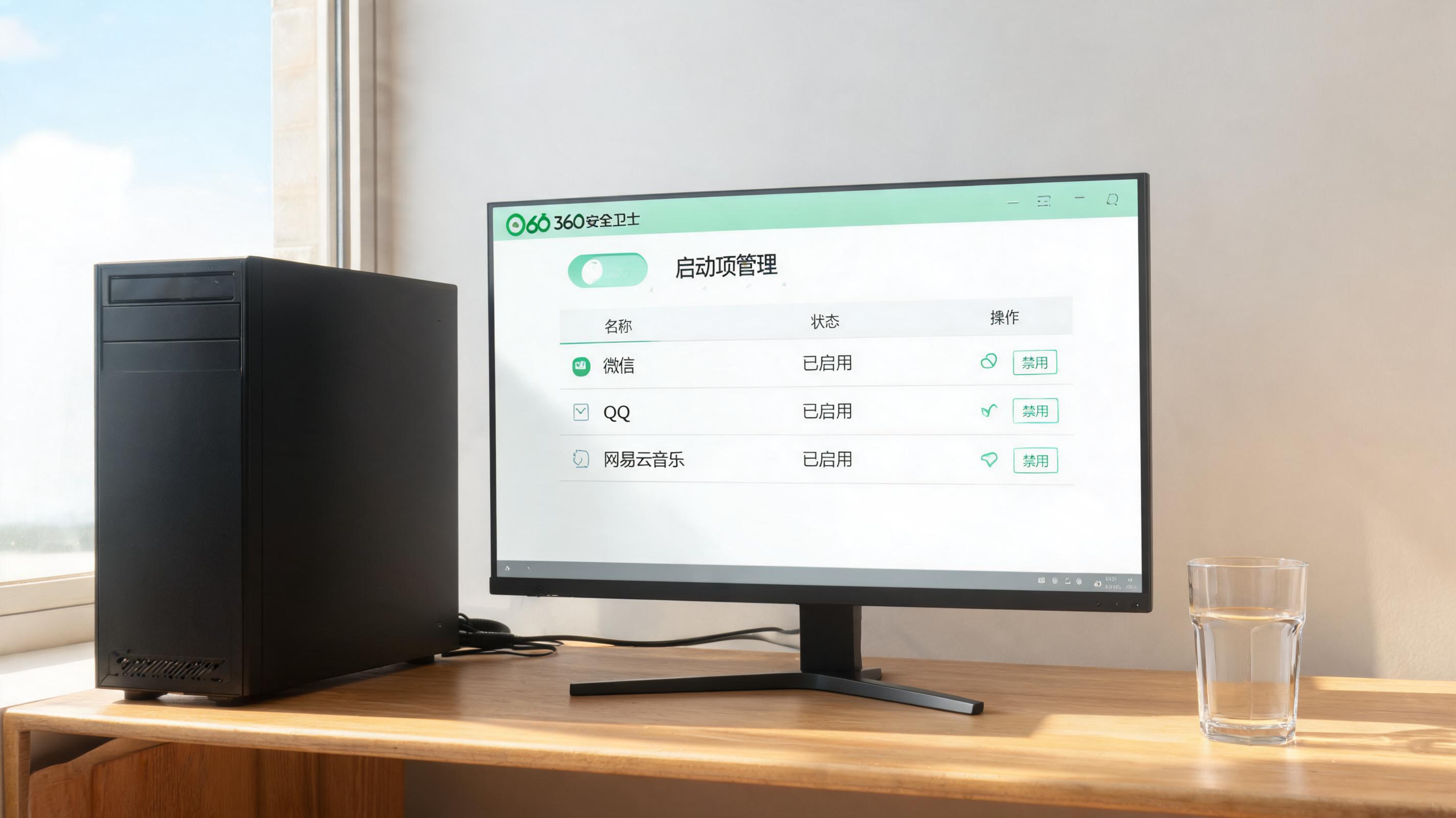 书桌上的主机，屏幕显示360 卫士启动项管理设置界面，桌角放着水杯，自然光