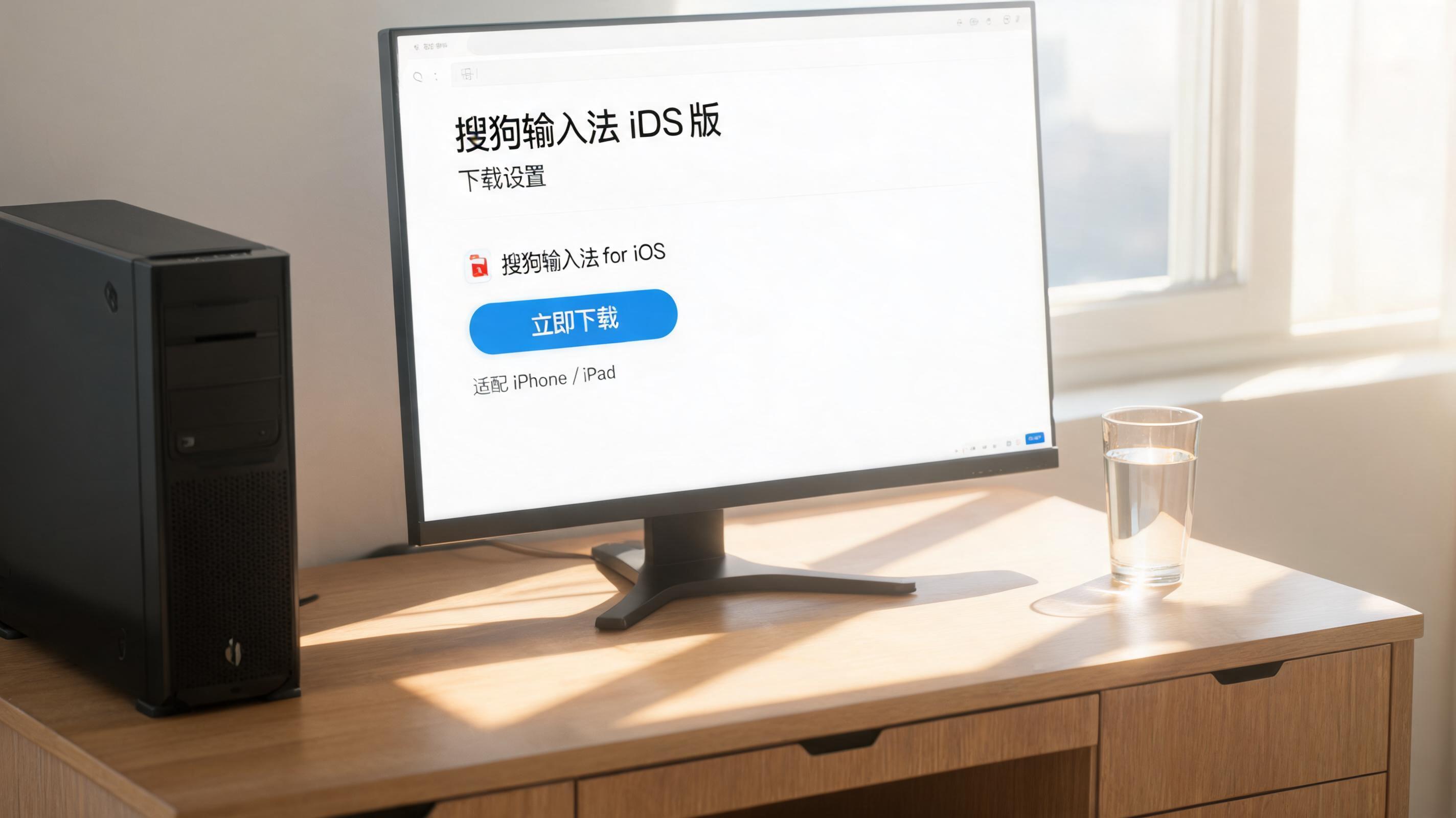 书桌上的主机，屏幕显示搜狗输入法 iOS 版下载设置界面，桌角放着水杯，自然光
