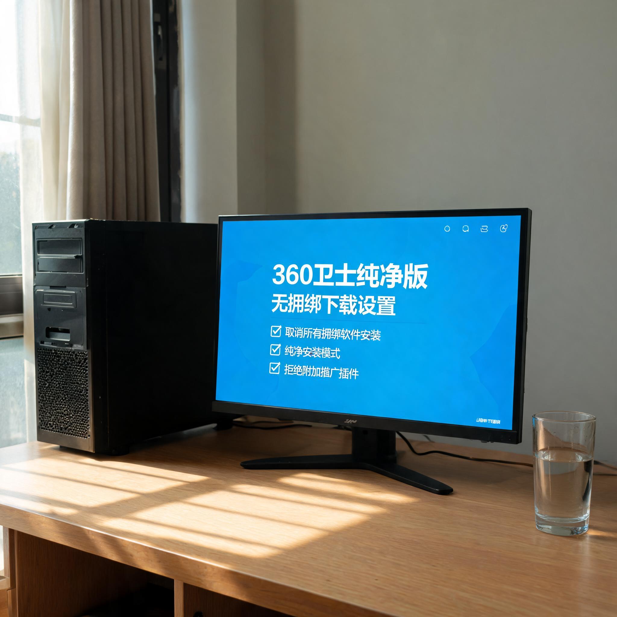 书桌上的主机，屏幕显示360 卫士纯净版无捆绑下载设置界面，桌角放着水杯，自然光
