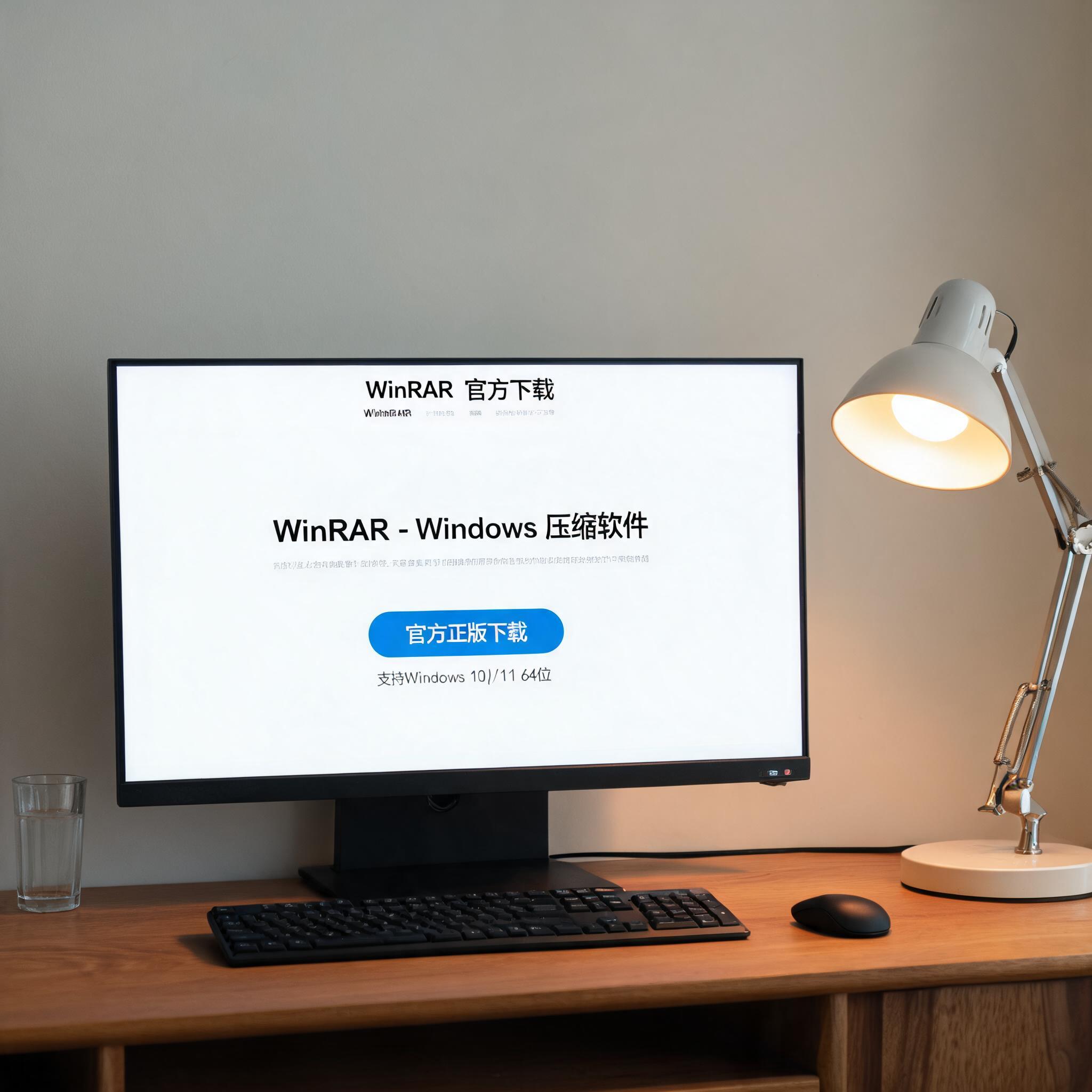 电脑桌上的电脑，屏幕显示win 压缩软件官方下载界面，旁边放着台灯