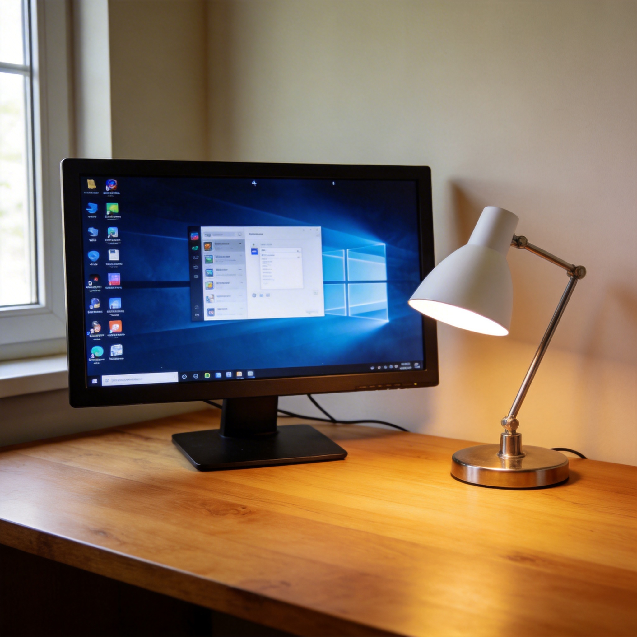 电脑桌上的电脑，屏幕显示Windows界面，旁边放着台灯