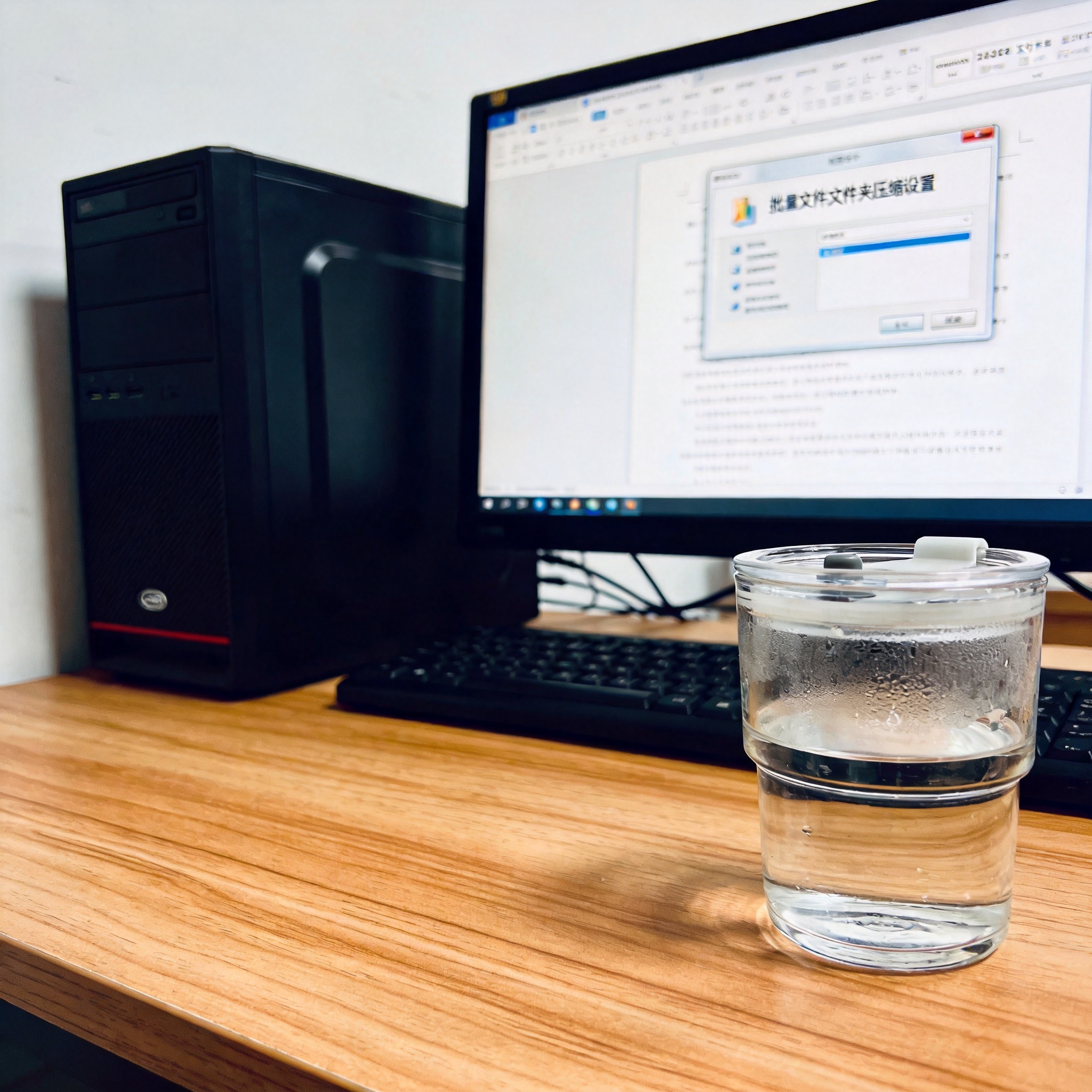 书桌上的主机，屏幕显示批量文件文件夹压缩设置界面，桌角放着水杯，自然光