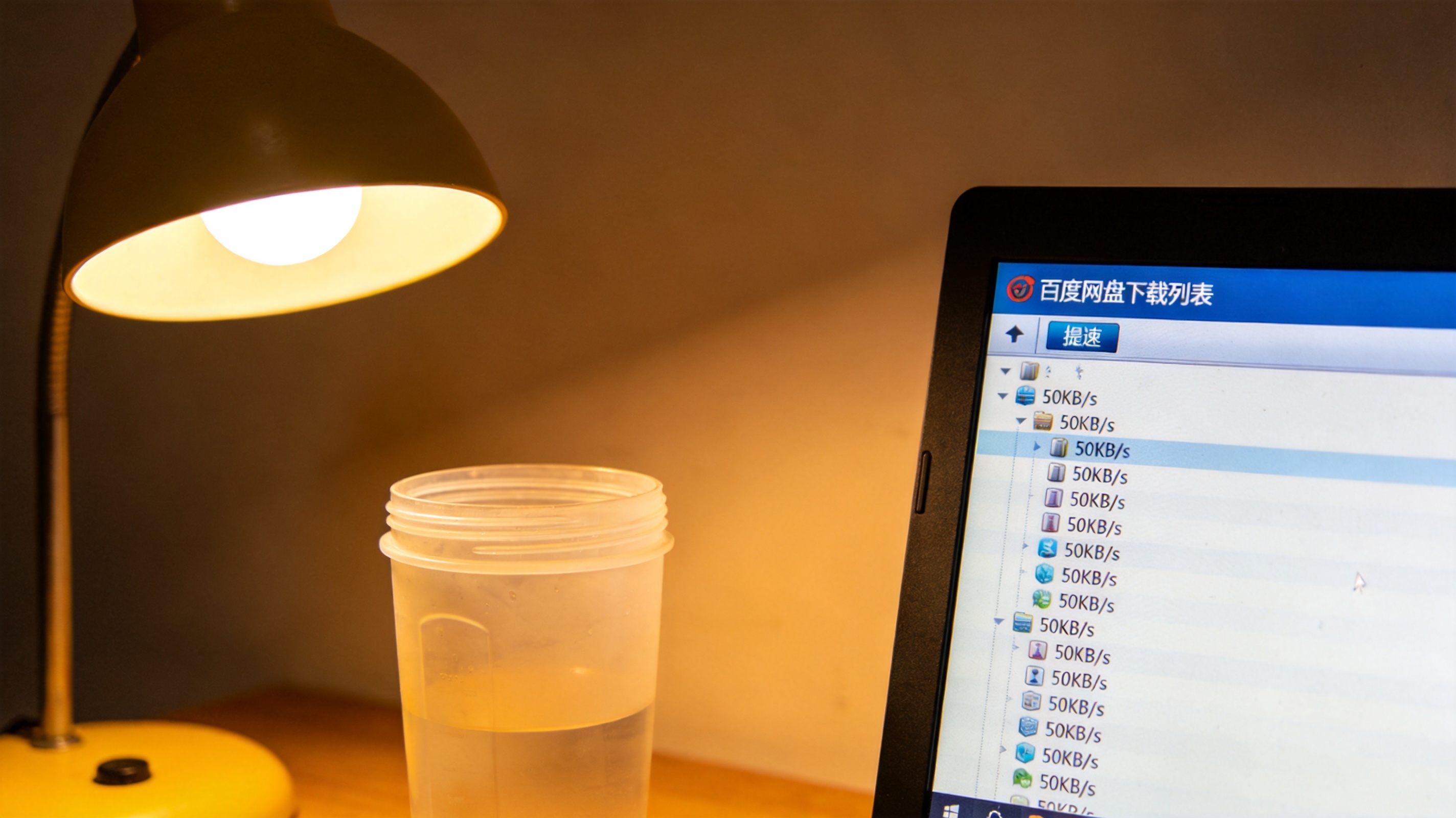 电脑屏幕显示百度网盘下载列表，任务栏有提速按钮，原下载速度标注50KB/s，桌面角落摆着普通塑料水杯，台灯暖光