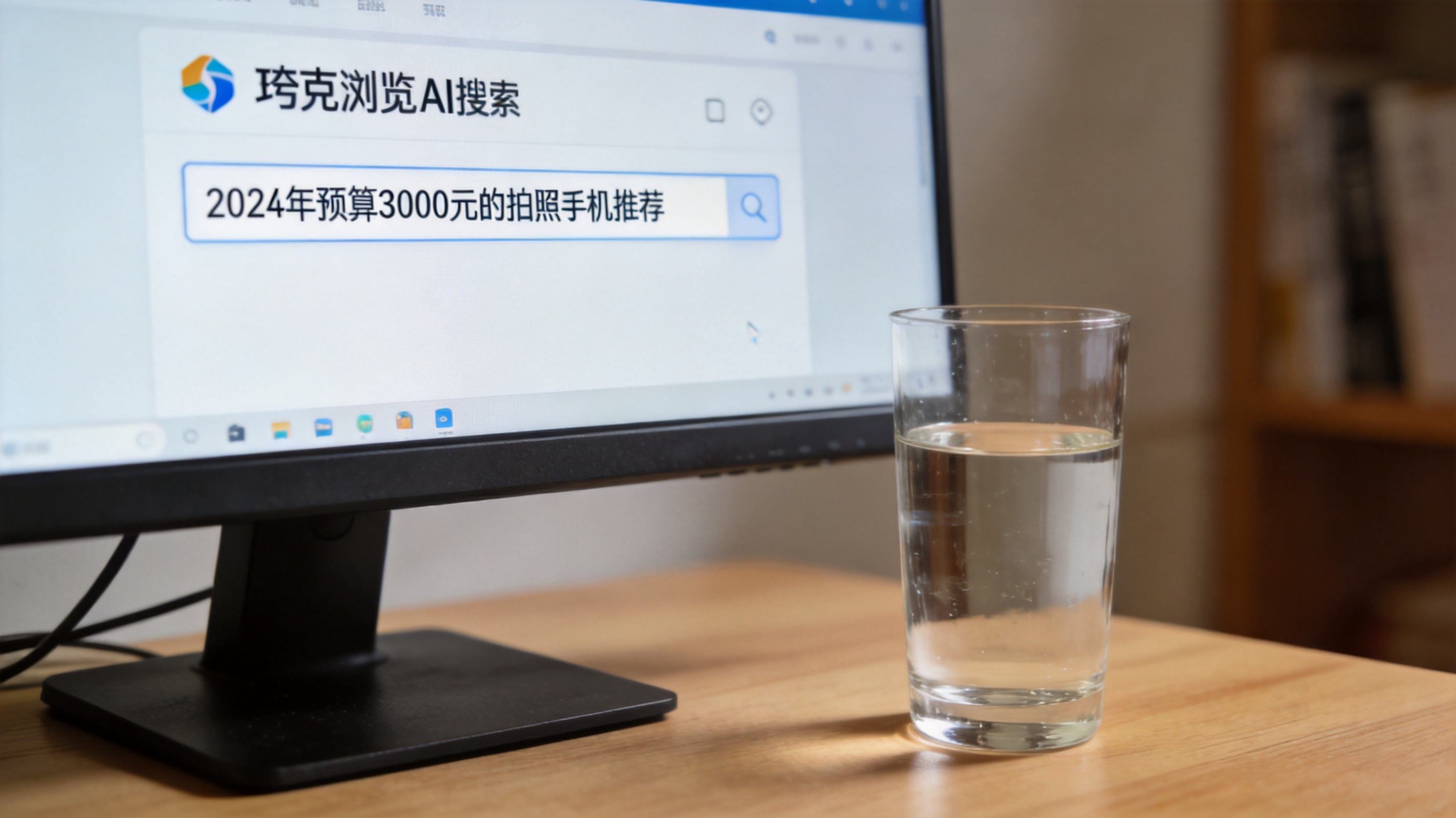 电脑桌面，屏幕显示夸克浏览器AI搜索界面，输入框内有“2024年预算3000元的拍照手机推荐”文字，旁边放着半杯水，室内自然光