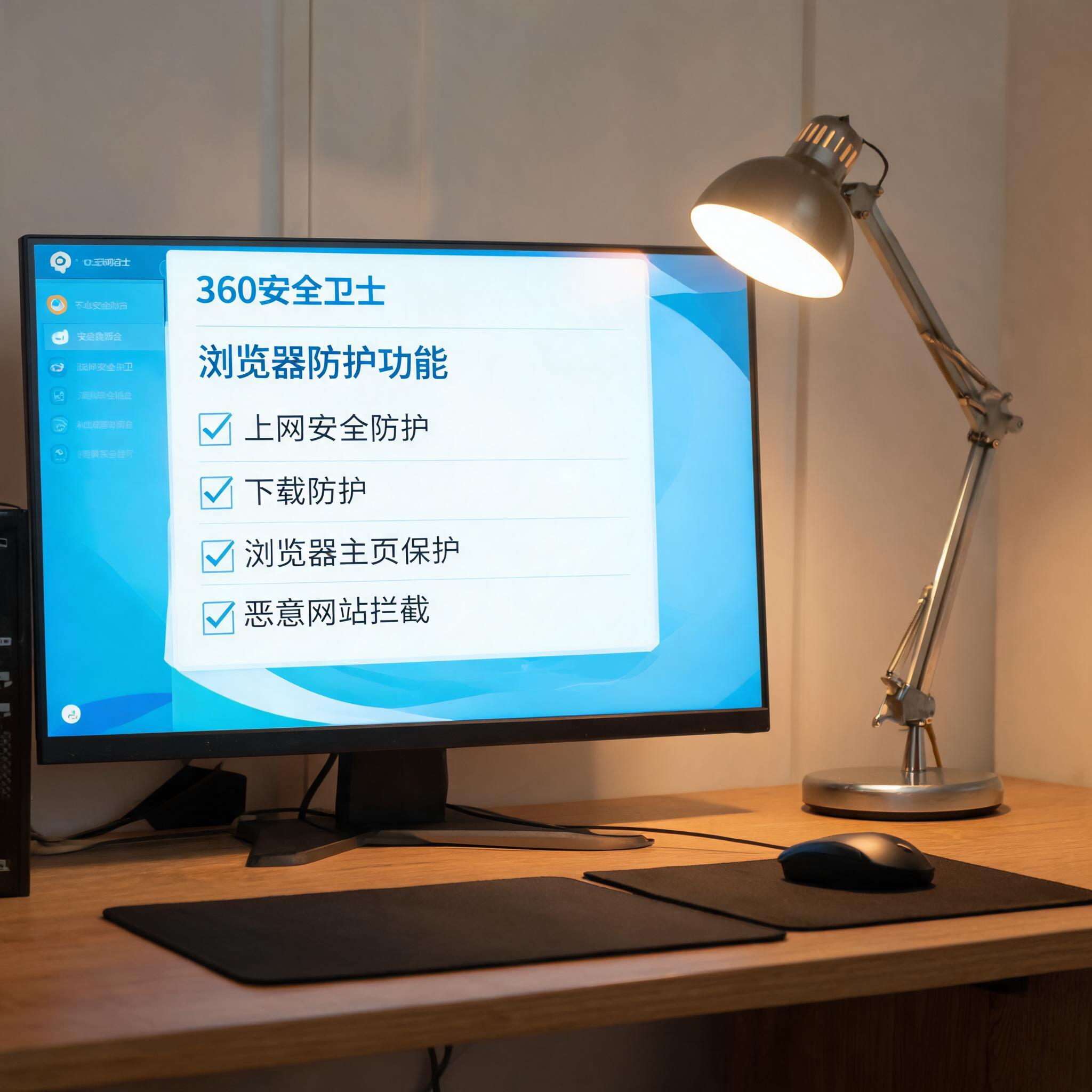 电脑桌上的电脑，屏幕显示360 卫士浏览器防护功能菜单，旁边放着台灯
