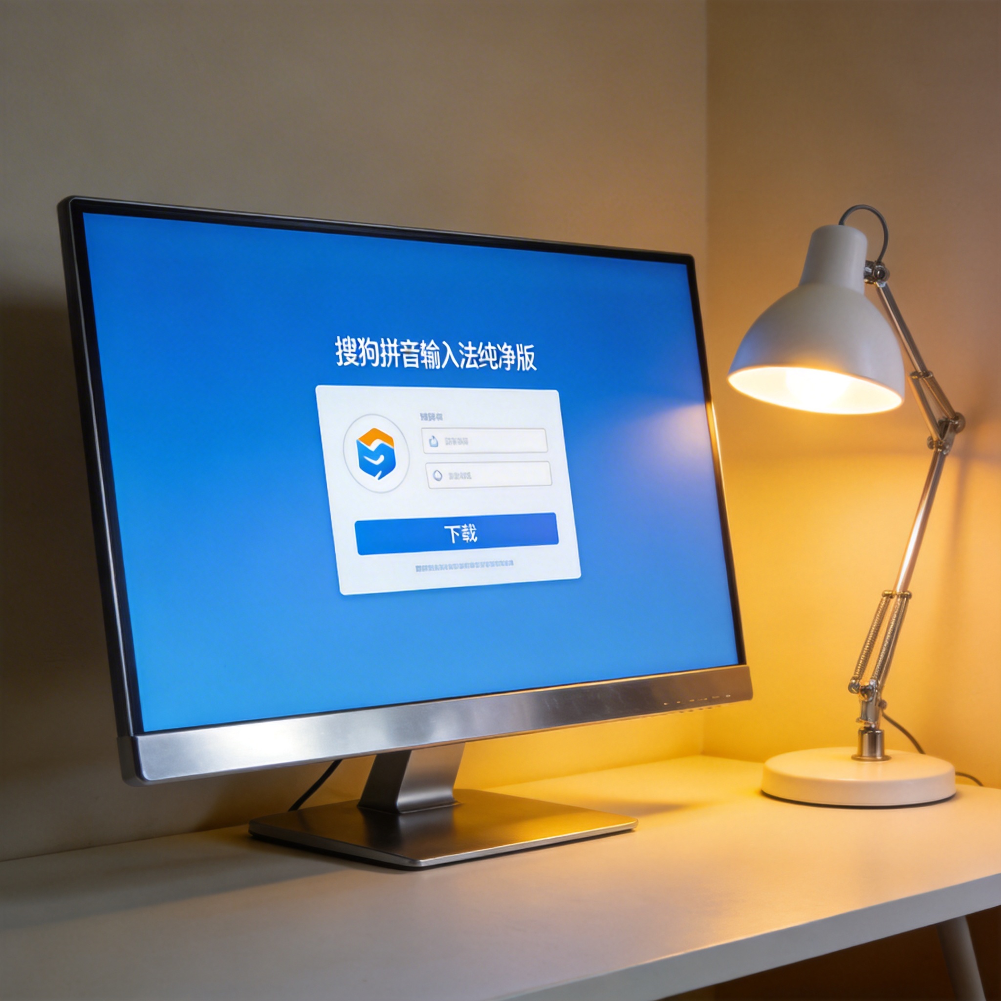 电脑桌上的屏幕，屏幕显示搜狗拼音输入法纯净版下载屏幕，旁边放着台灯
