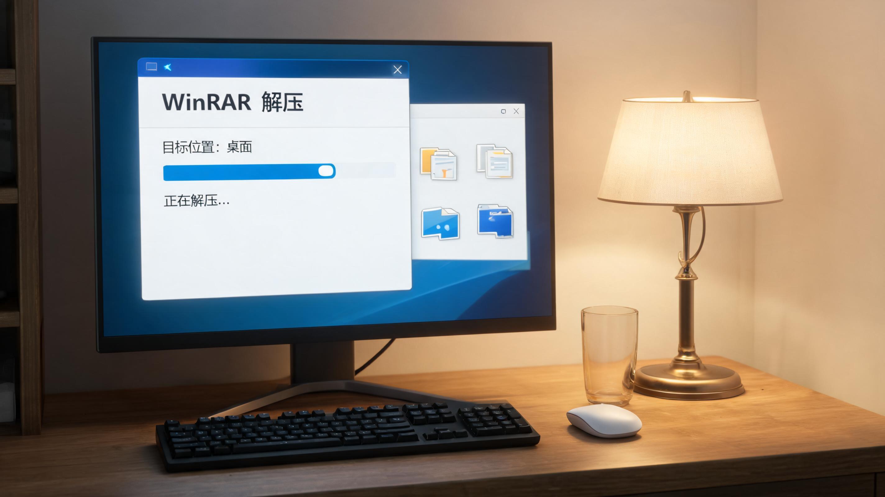 电脑桌上的电脑，屏幕显示解压缩桌面，旁边放着台灯
