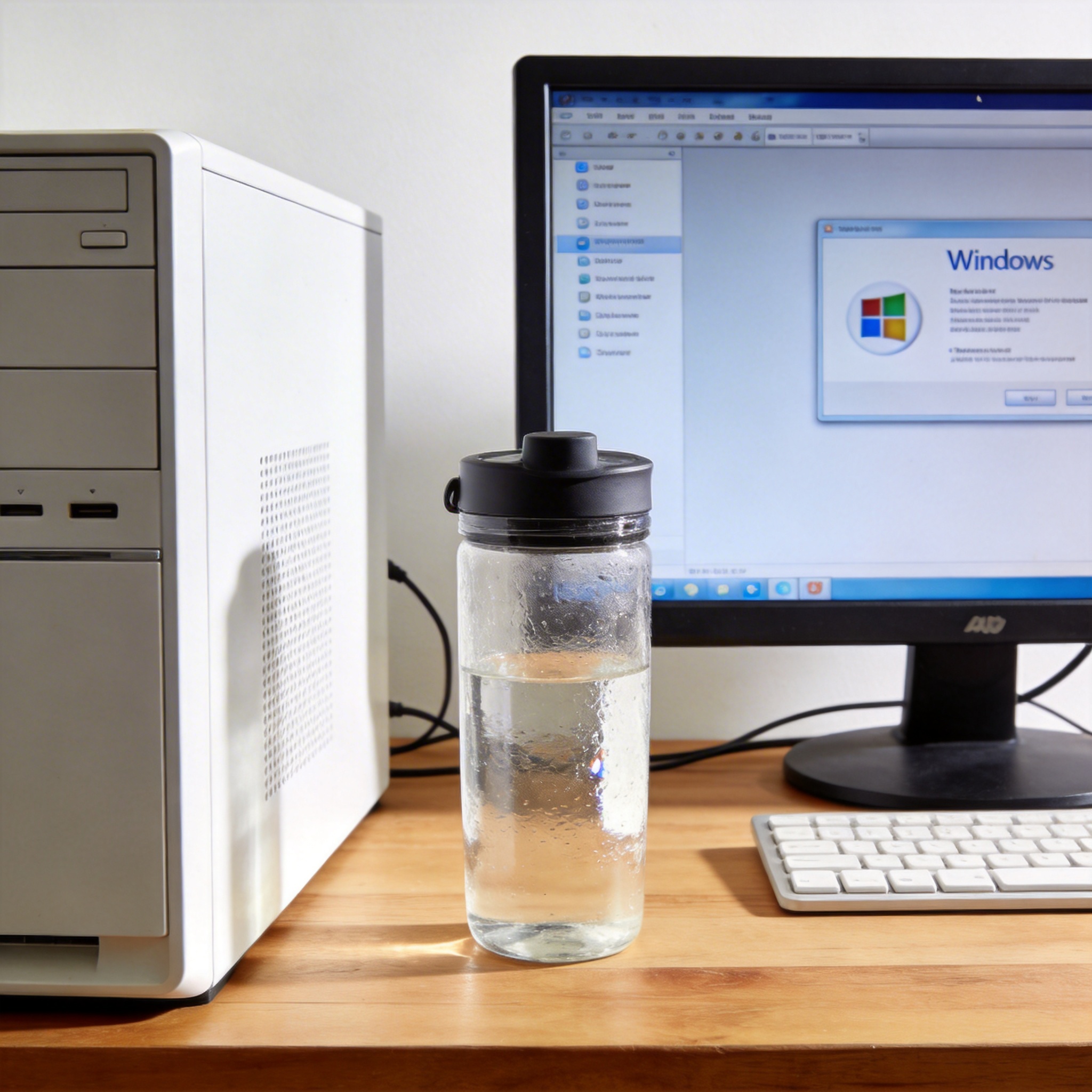 书桌上的主机，屏幕显示Windows设置界面，桌角放着水杯，自然光