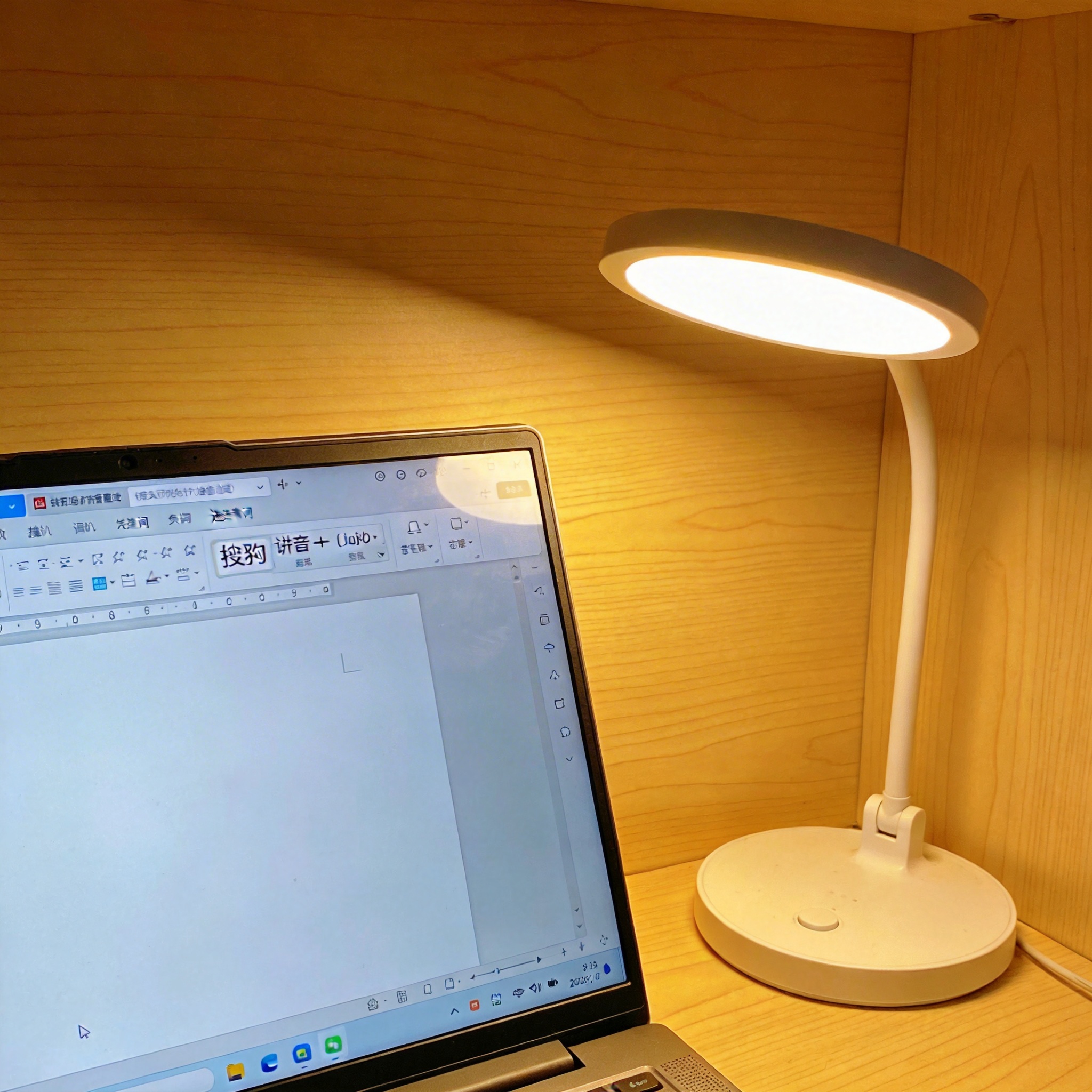 电脑桌上的电脑，屏幕显示搜狗拼音输入法界面，旁边放着台灯