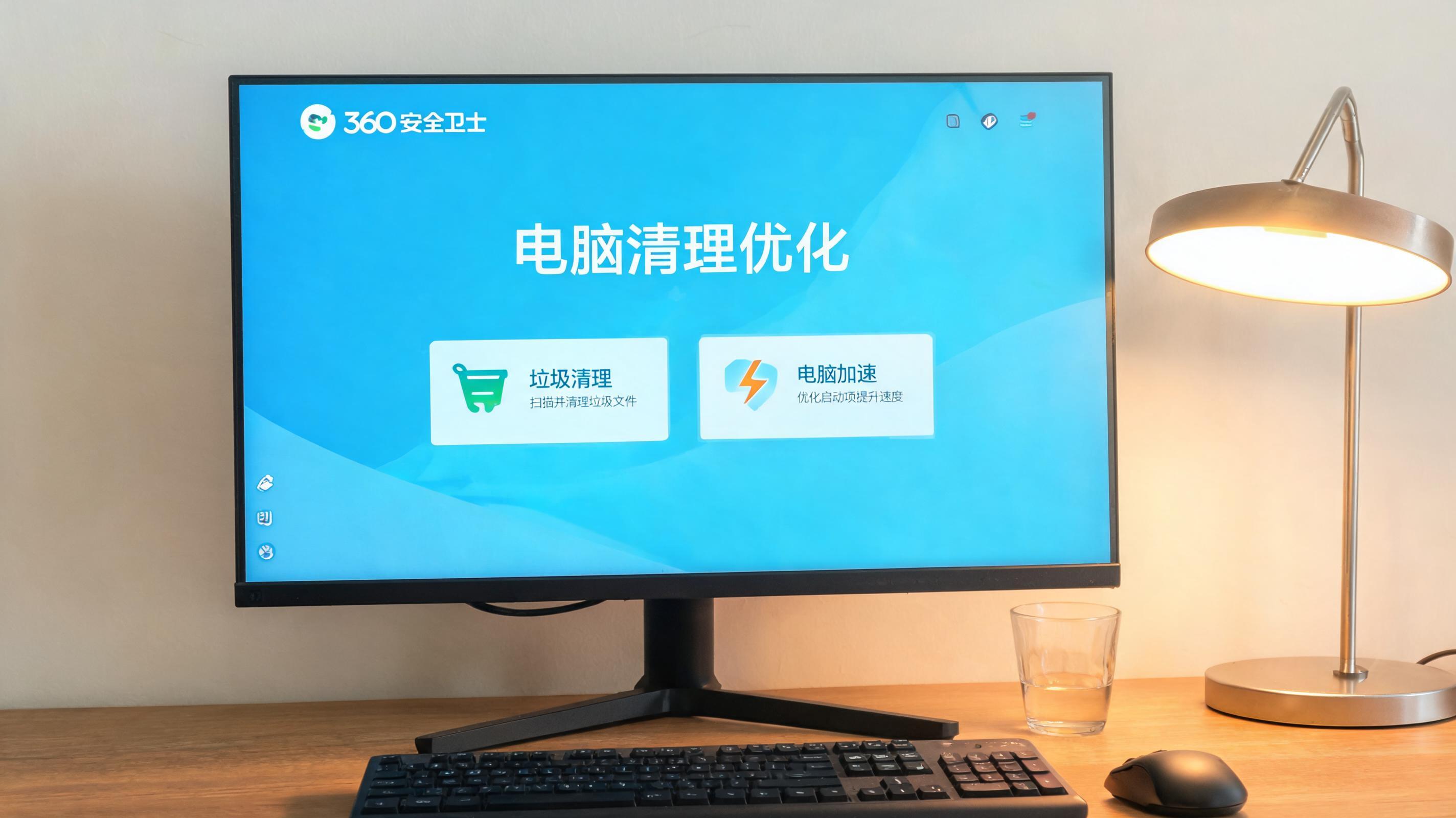 电脑桌上的电脑，屏幕显示360 卫士电脑清理优化界面，旁边放着台灯