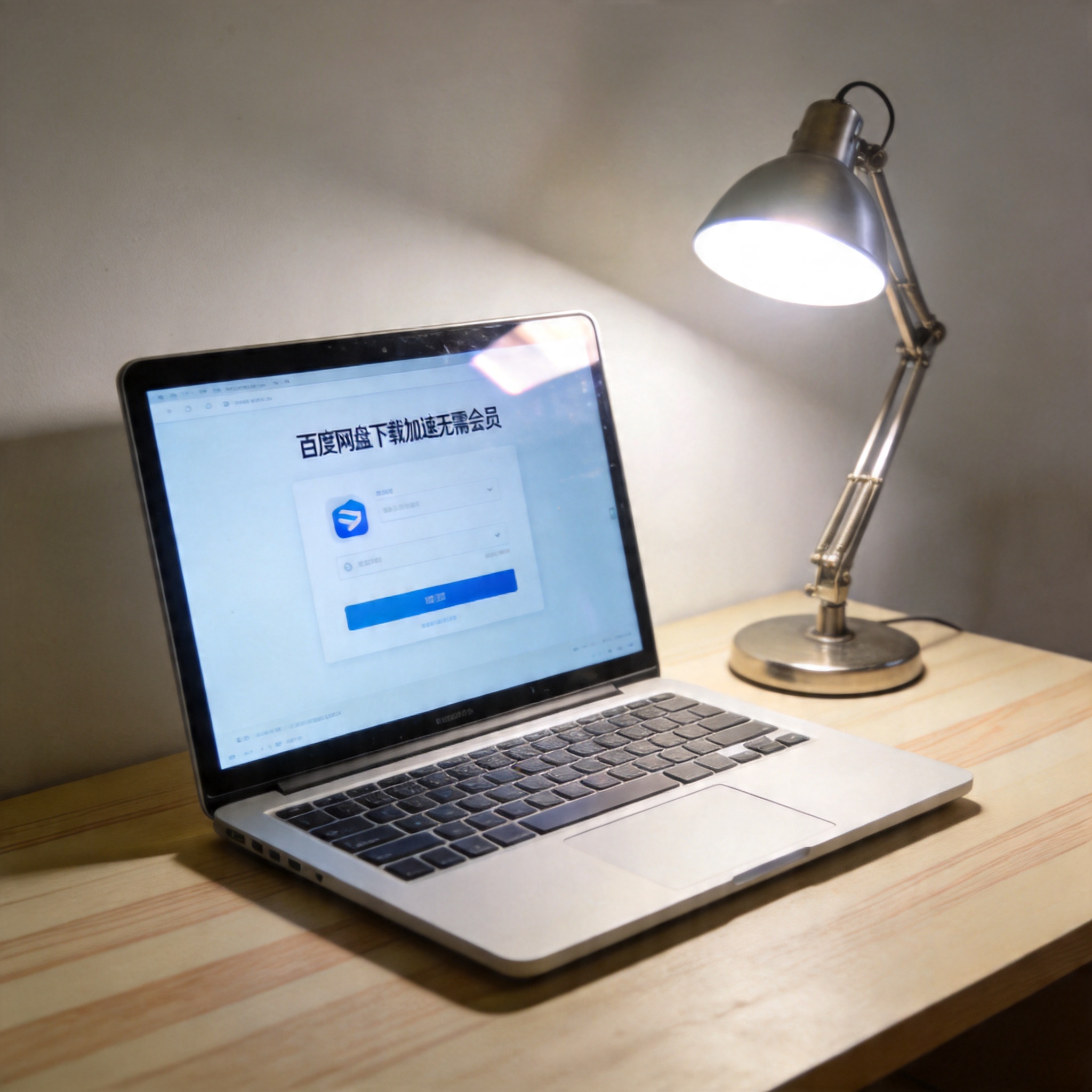 电脑桌上的电脑，屏幕显示百度网盘下载加速无需会员界面，旁边放着台灯