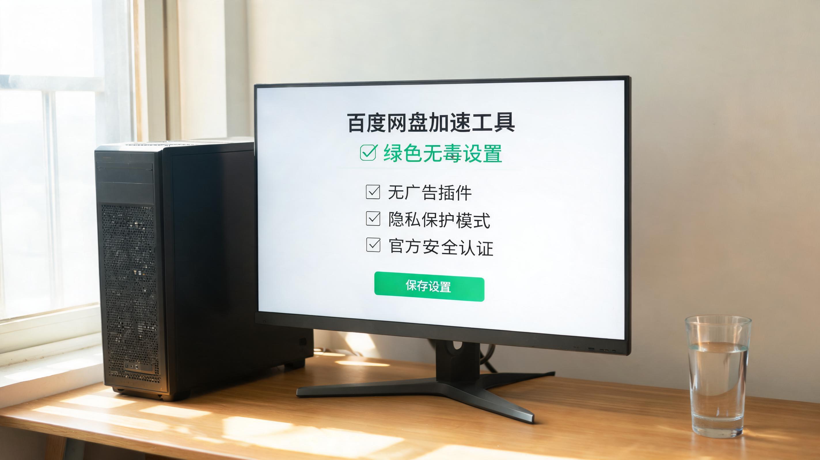 书桌上的主机，屏幕显示百度网盘加速工具绿色无毒设置界面，桌角放着水杯，自然光