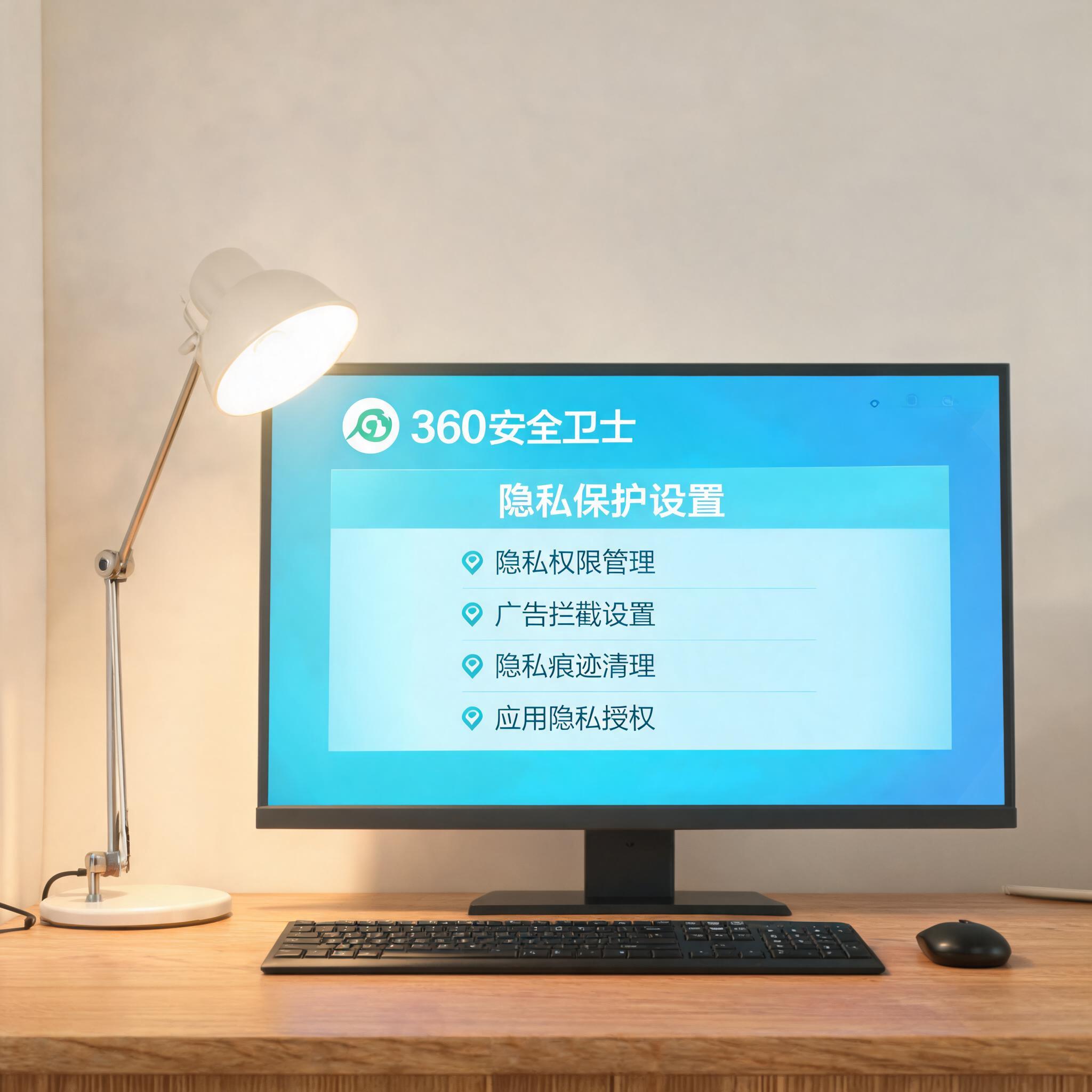 电脑桌上的电脑，屏幕显示360 安全卫士隐私保护设置界面，旁边放着台灯