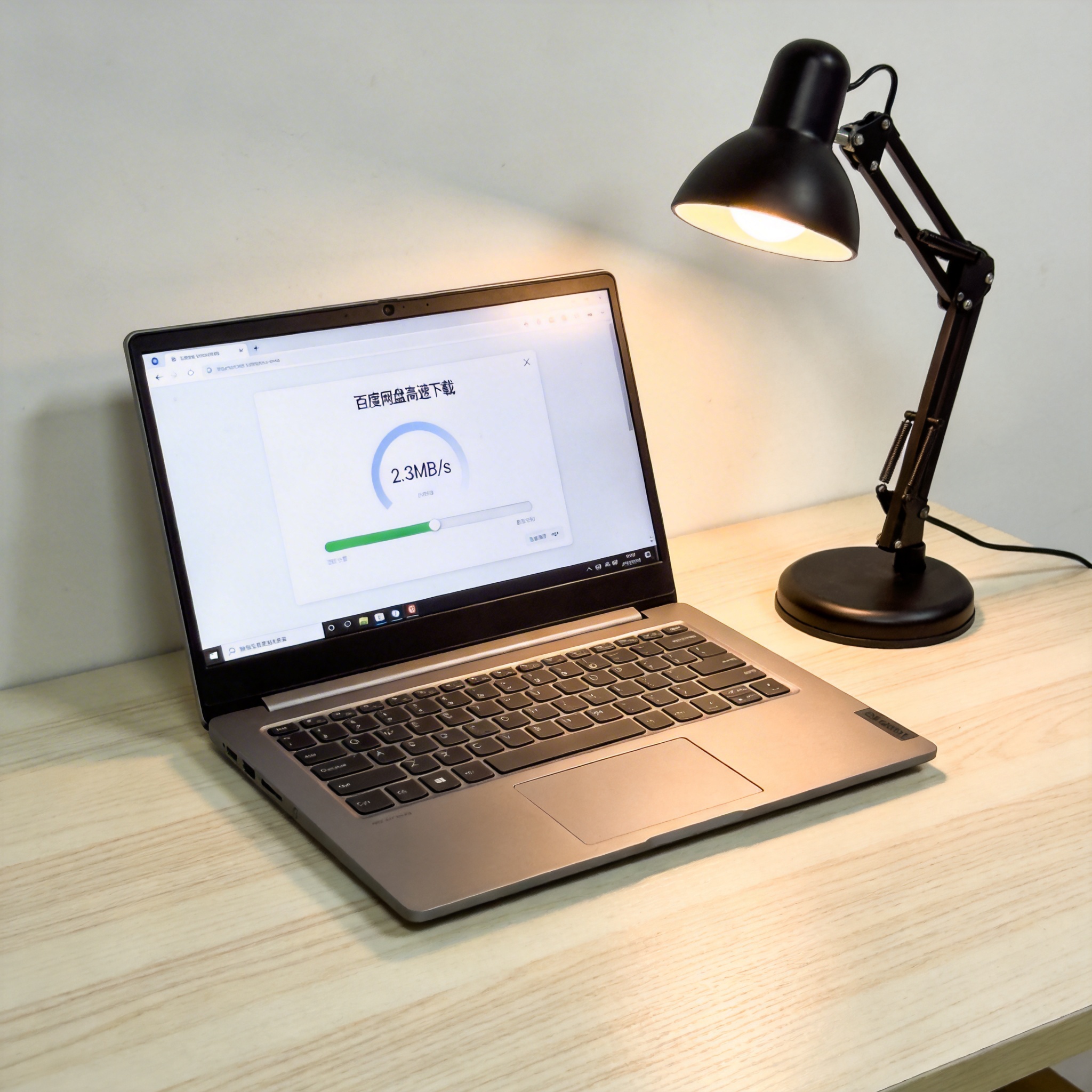 电脑桌上的电脑，屏幕显示百度网盘高速下载真实速度界面，旁边放着台灯