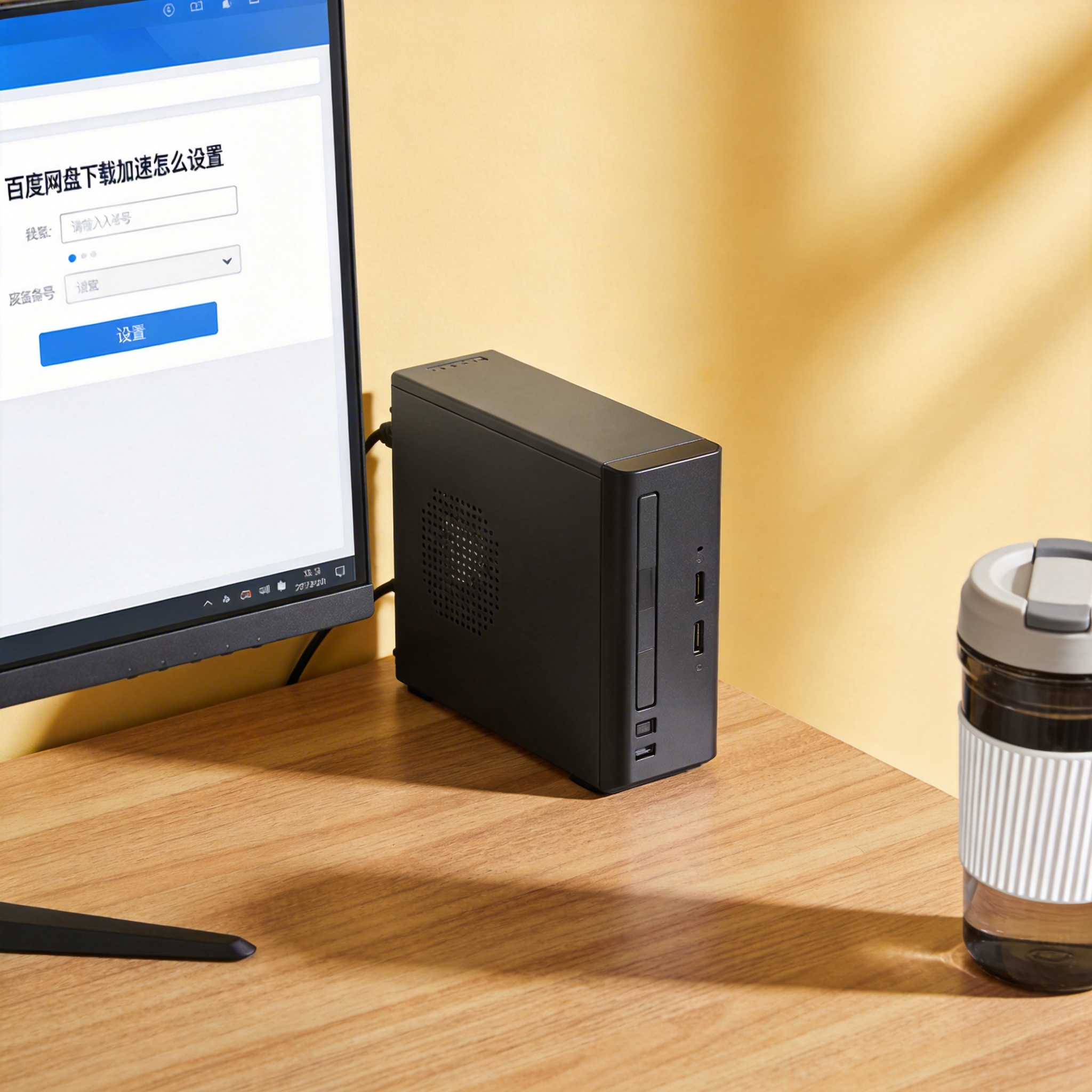 书桌上的主机，屏幕显示百度网盘下载加速怎么设置设置界面，桌角放着水杯，自然光