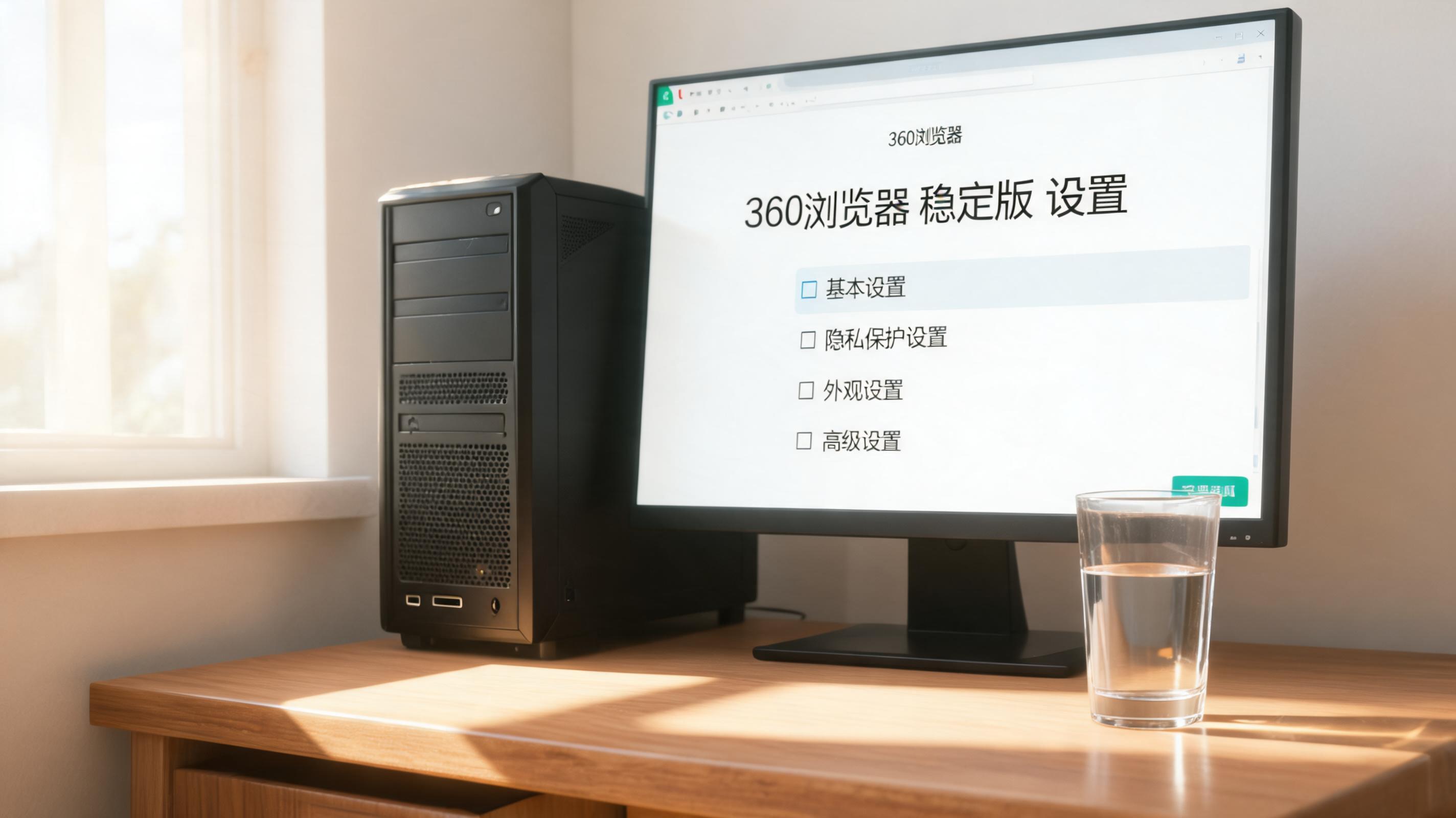 书桌上的主机，屏幕显示360 浏览器稳定版设置界面，桌角放着水杯，自然光