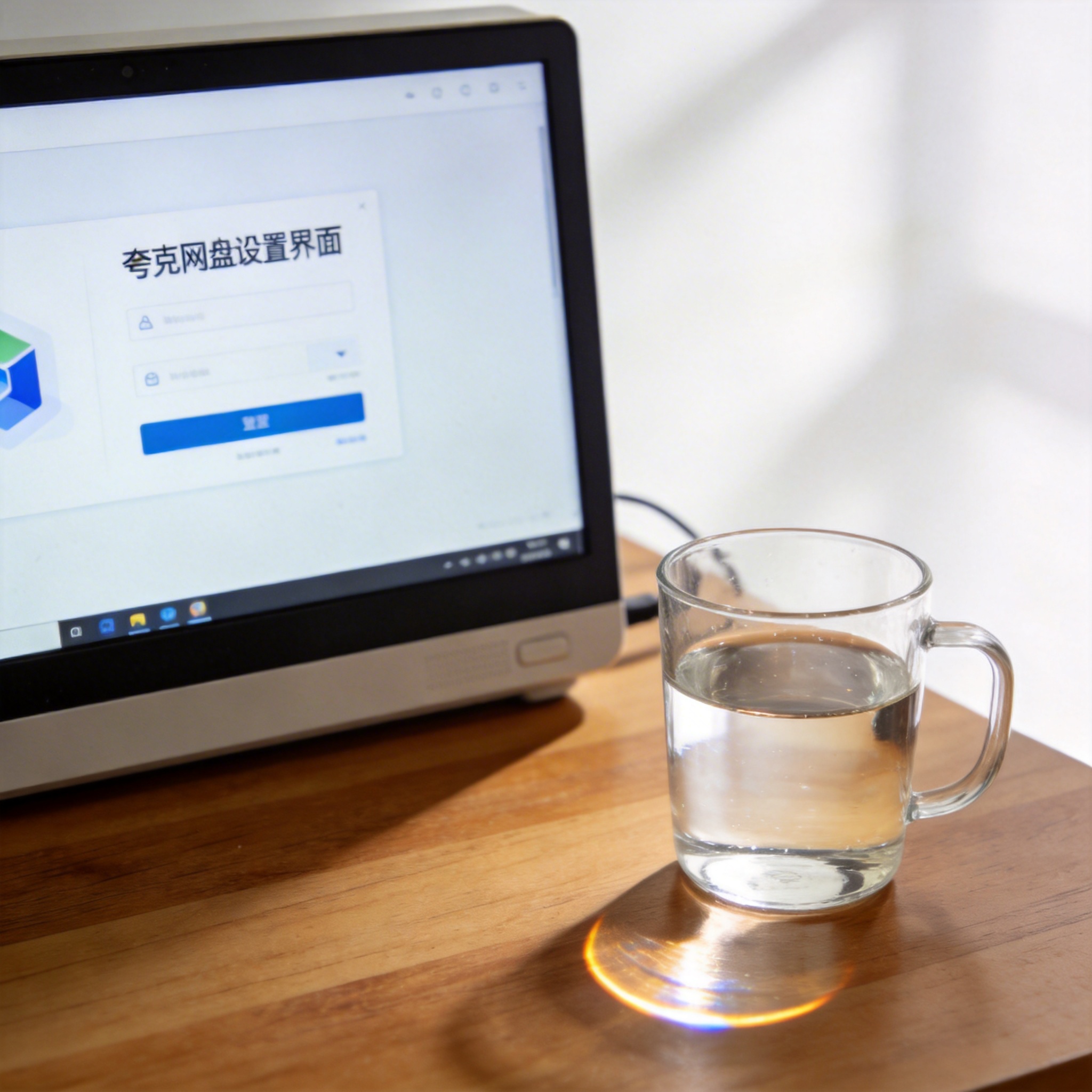 书桌上的主机，屏幕显示夸克网盘设置界面，桌角放着水杯，自然光