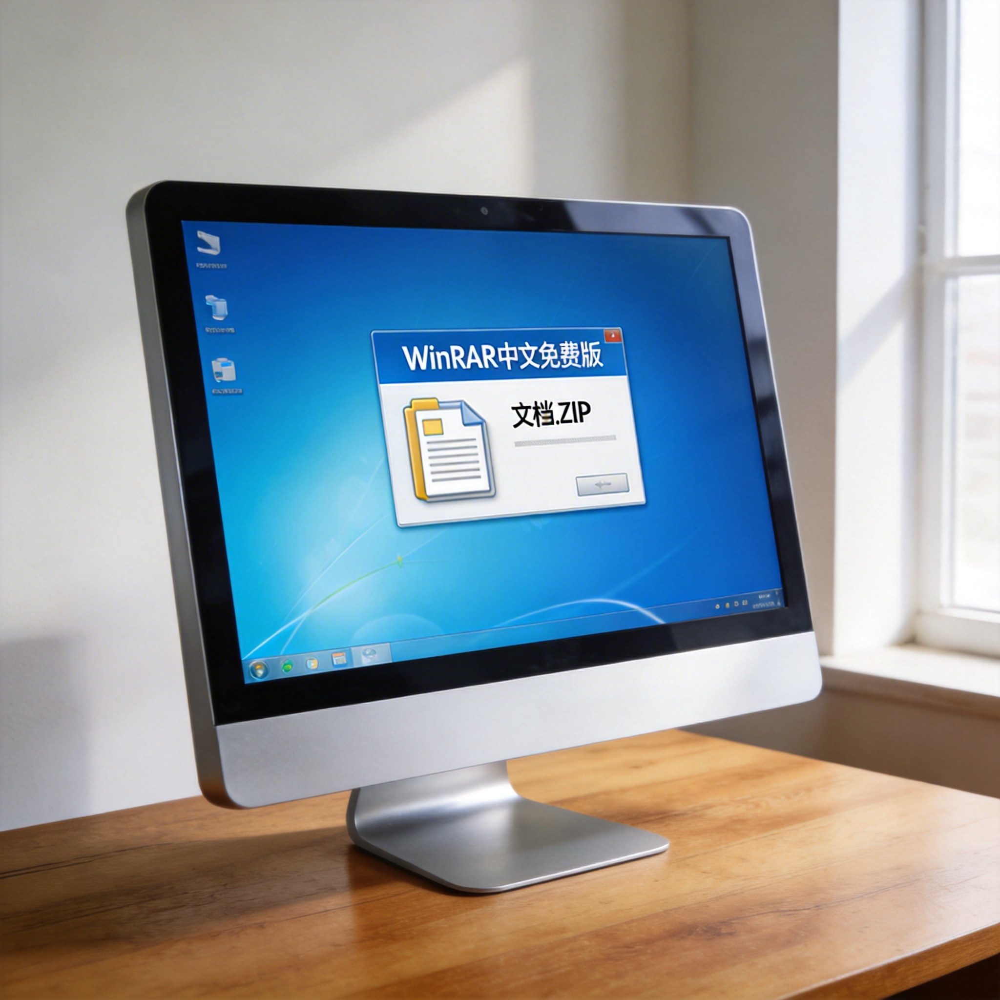 电脑桌的Windows系统电脑，屏幕显示WinRAR中文免费版的安装界面，桌面放着一个ZIP格式压缩包，室内自然光
