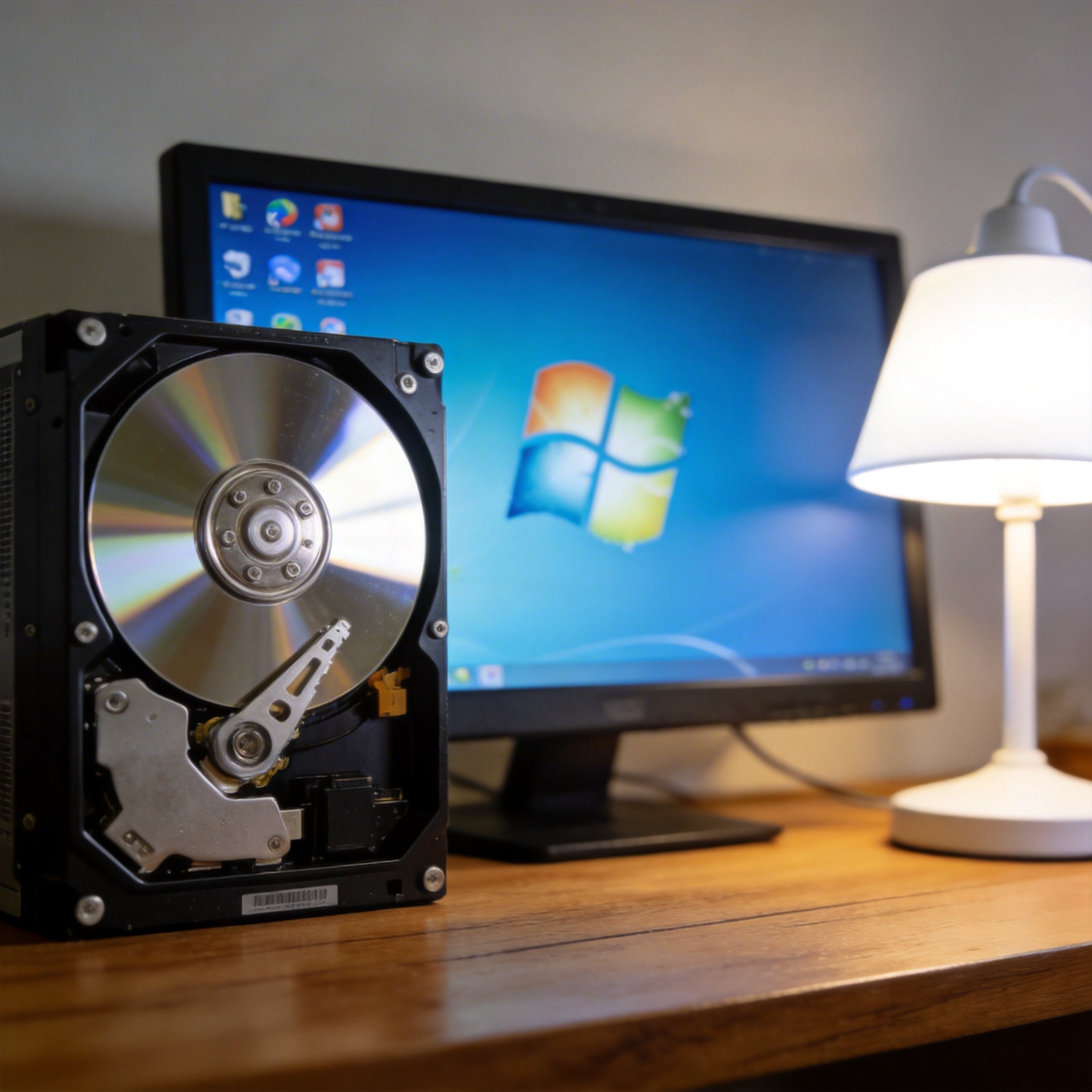 电脑桌上的硬盘，屏幕显示Windows桌面，旁边放着台灯
