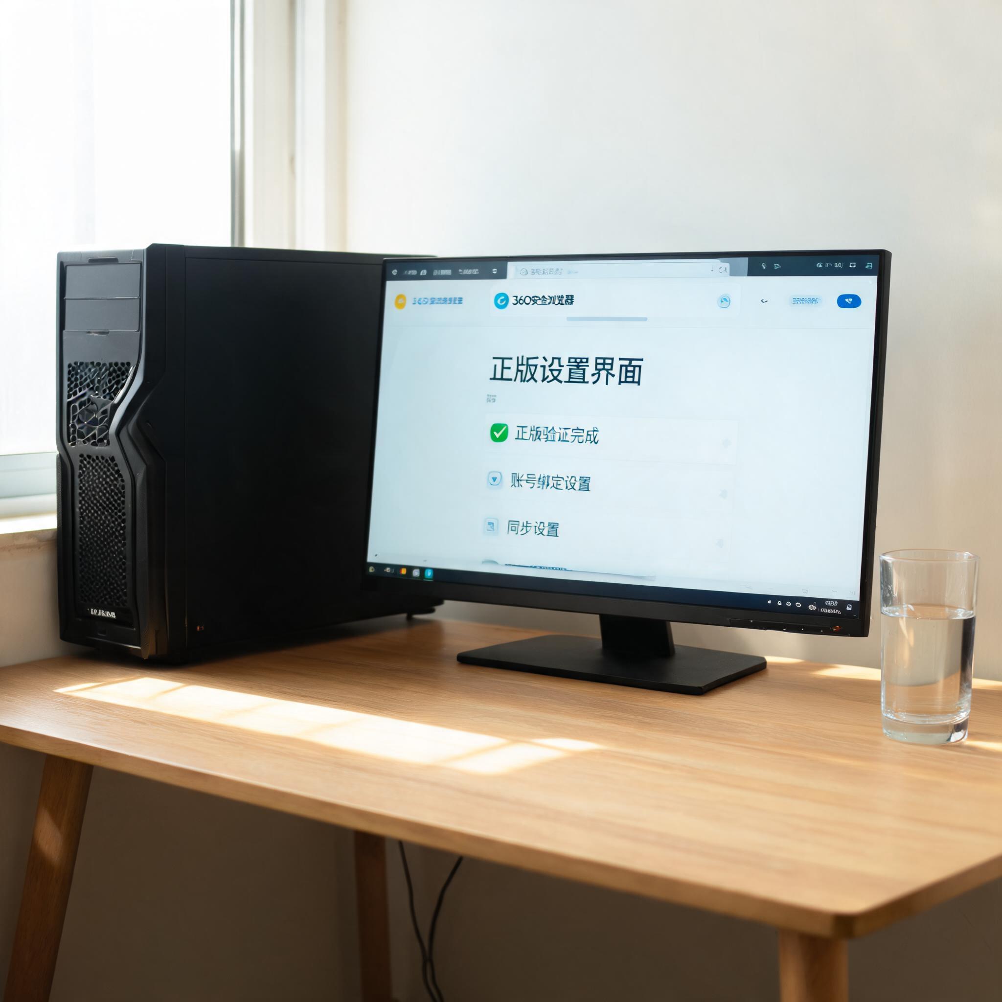 书桌上的主机，屏幕显示360 浏览器正版设置界面，桌角放着水杯，自然光