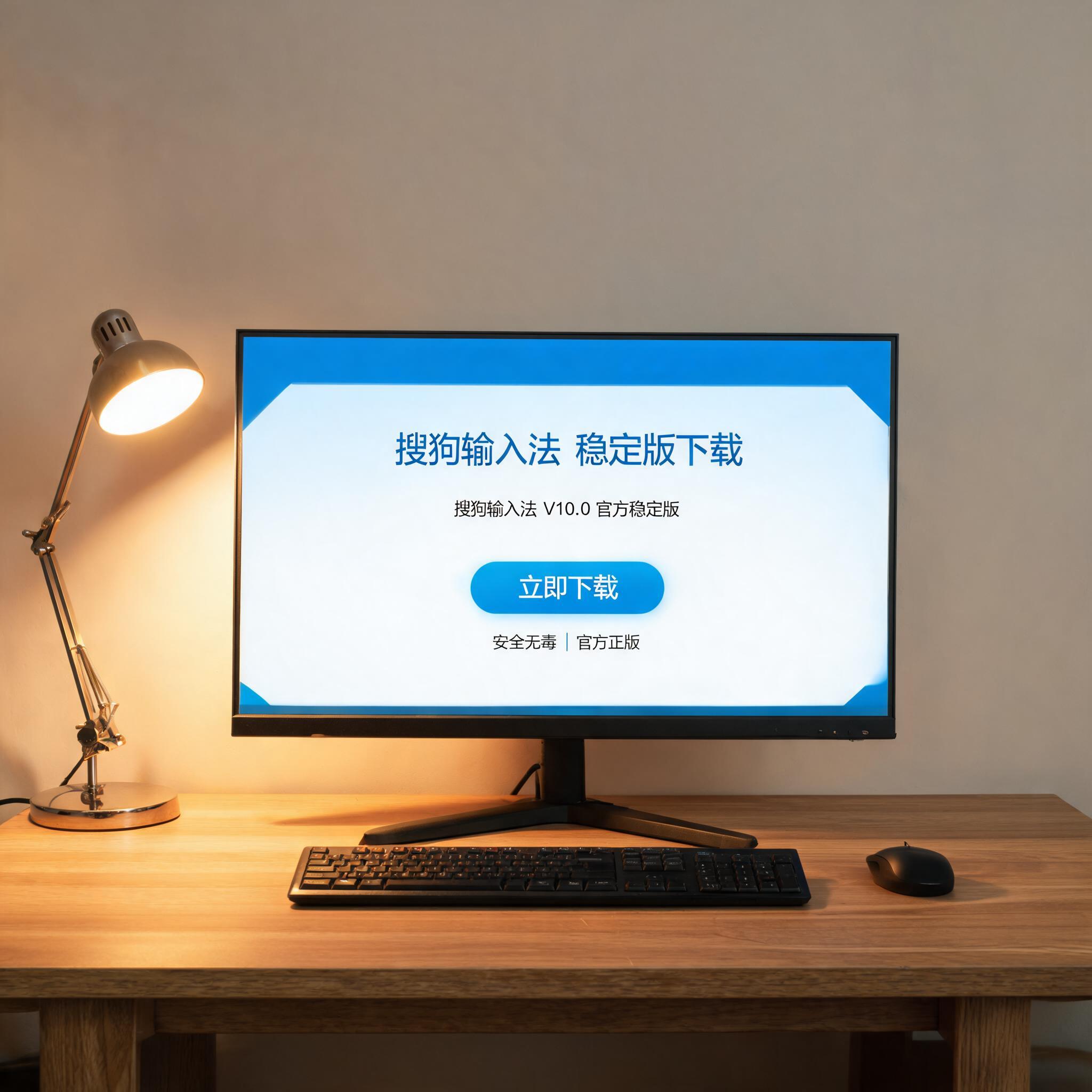 电脑桌上的电脑，屏幕显示搜狗输入法稳定版下载界面，旁边放着台灯