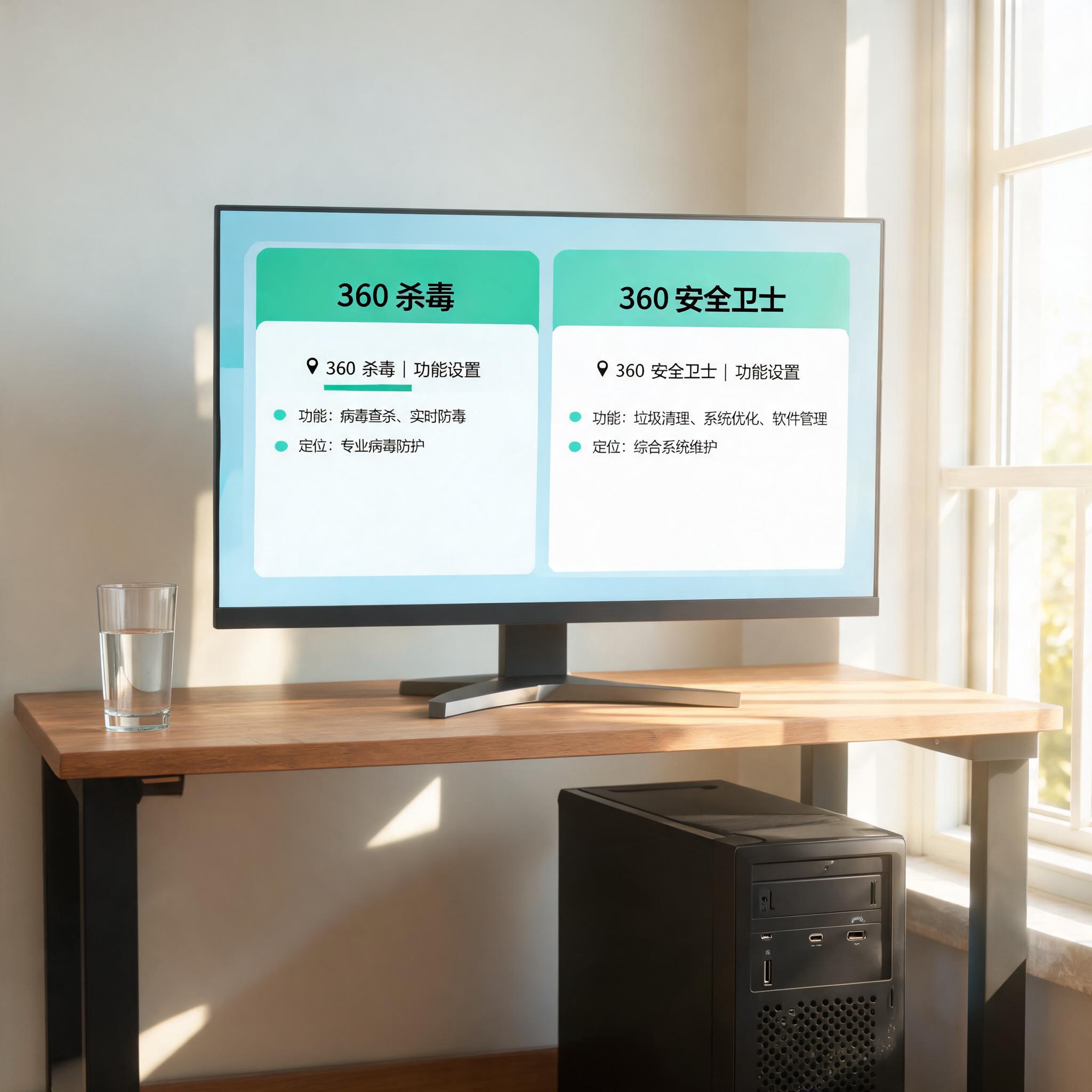 书桌上的主机，屏幕显示360 杀毒和 360 安全卫士区别设置界面，桌角放着水杯，自然光