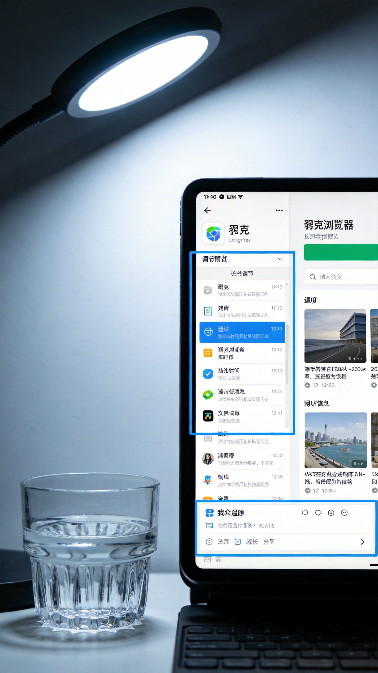 屏幕显示夸克浏览器长截图预览界面，可调节选框拉至网页底部，旁边放着半杯温水，台灯冷光
