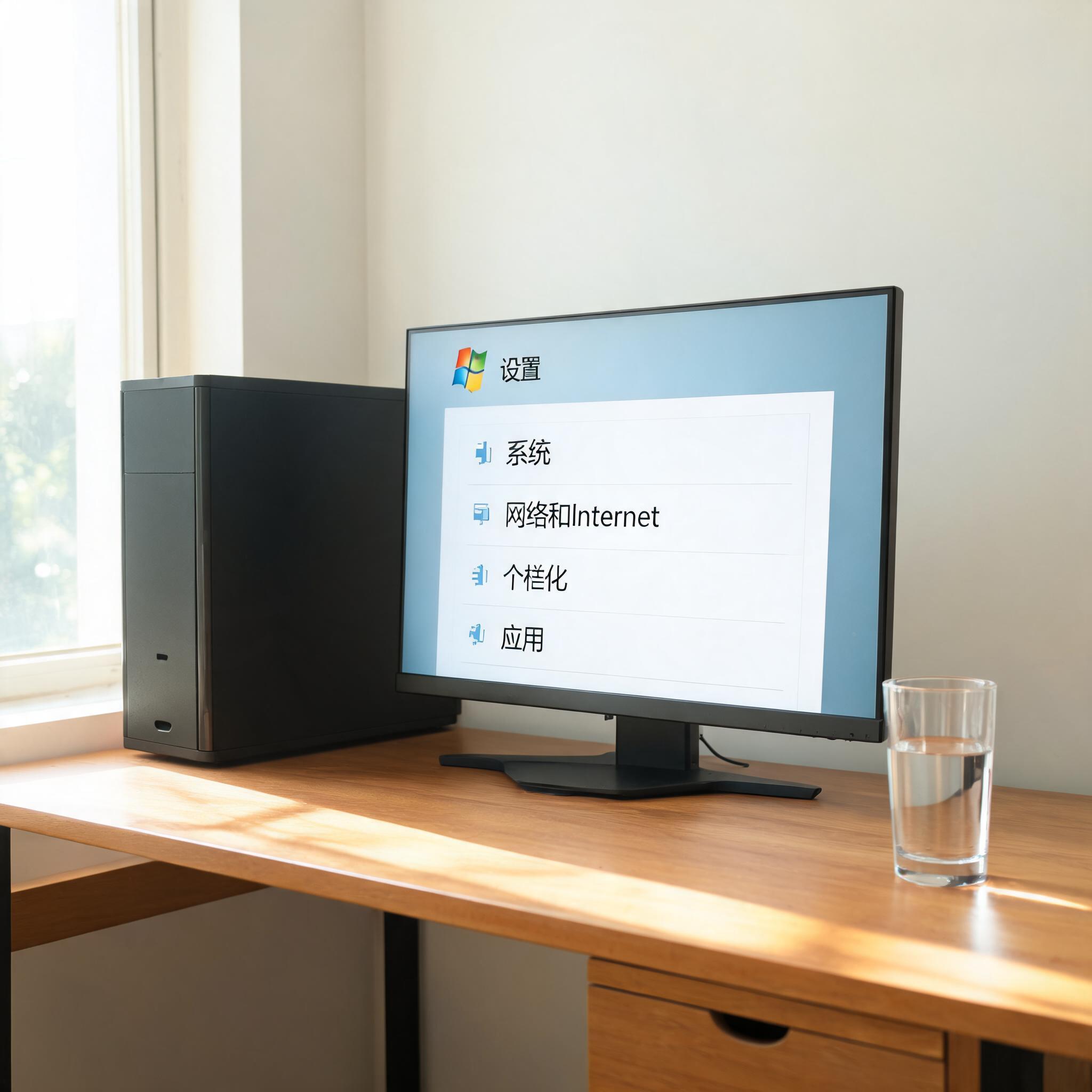 书桌上的主机，屏幕显示Windows设置界面，桌角放着水杯，自然光
