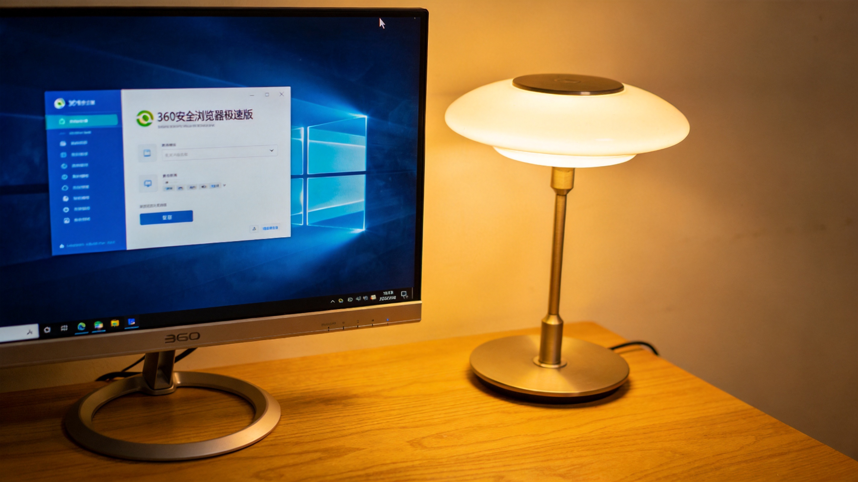 书桌的Windows10系统电脑，屏幕显示360安全浏览器极速版界面，旁边摆着台灯，台灯暖光