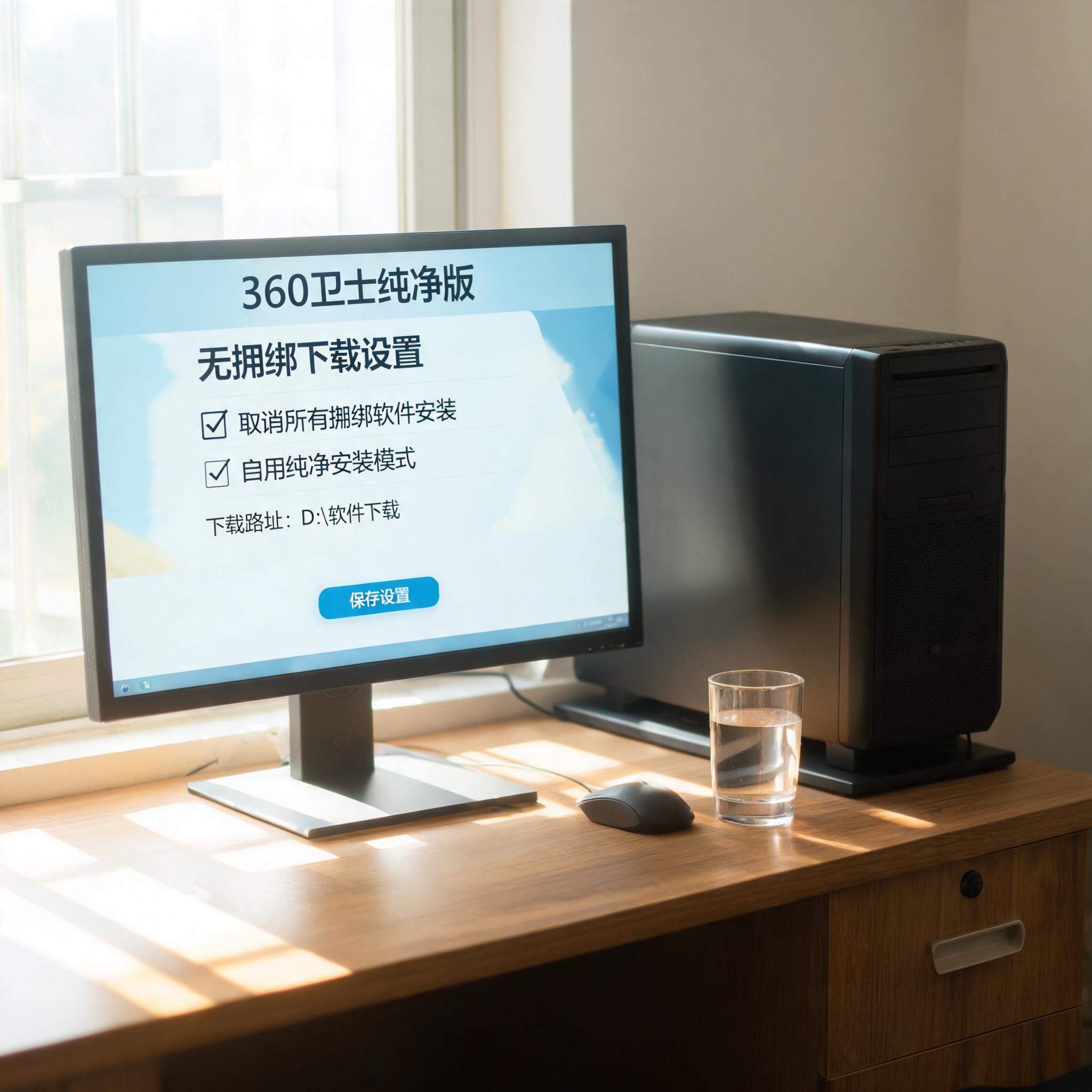 书桌上的主机，屏幕显示360 卫士纯净版无捆绑下载设置界面，桌角放着水杯，自然光